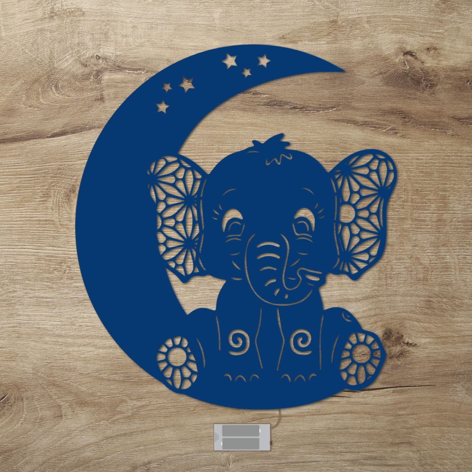 Namofactur LED Nachtlicht Elefant auf Mond - Schlaflicht mit Elefanten Motiv für Kleinkinder, Ohne Zugschalter, LED fest integriert, Warmweiß, Wanddekoobjekt Kinderzimmer Leuchte batteriebetrieben Dunkelblau