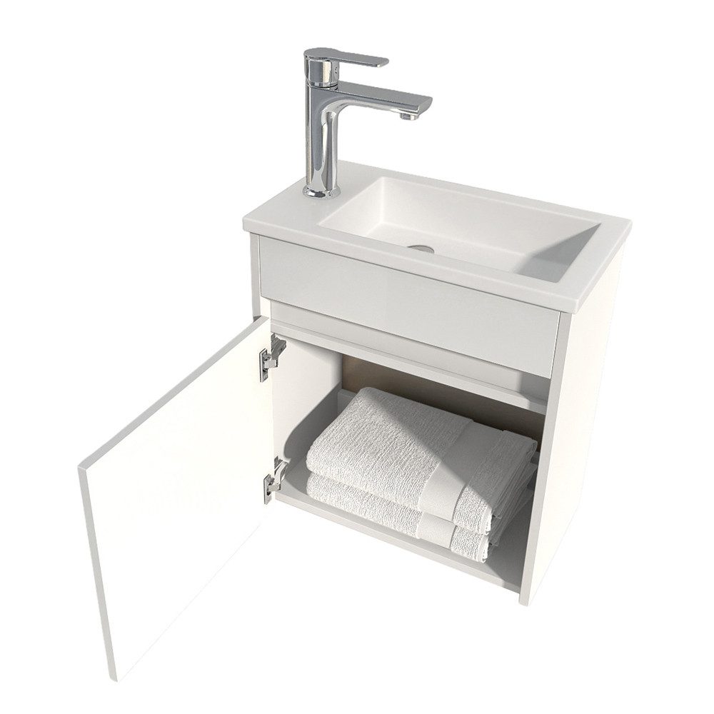 HOME DELUXE Badmöbel-Set BORKUM, (bestehend aus LED-Spiegel, Keramik-Waschbecken, Waschbeckenschrank), Hochglanz-Oberfläche, Soft-Close, Badezimmerset, Badmöbel