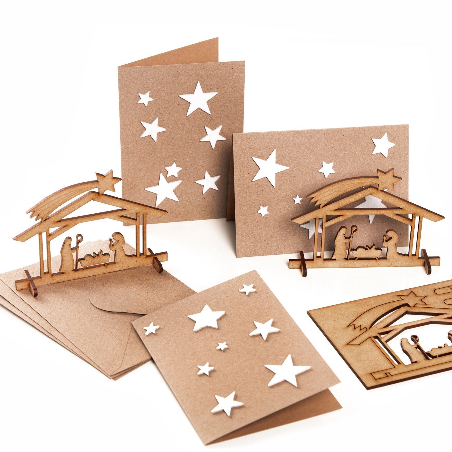 Logbuch-Verlag Klappkarte 3 Weihnachtsgrußkarten mit Sternen + Weihnachtskrippe aus Holz