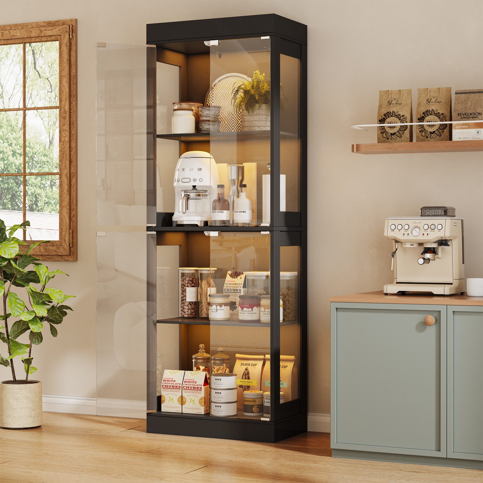 SVEYLXA Vitrine Beleuchtete LED Vitrine mit Glastüren & Regalen in Weiß/Schwarz (1-St) für Wohnzimmer, Küche & Bad, 60×30×178cm – Bild 2 von 5