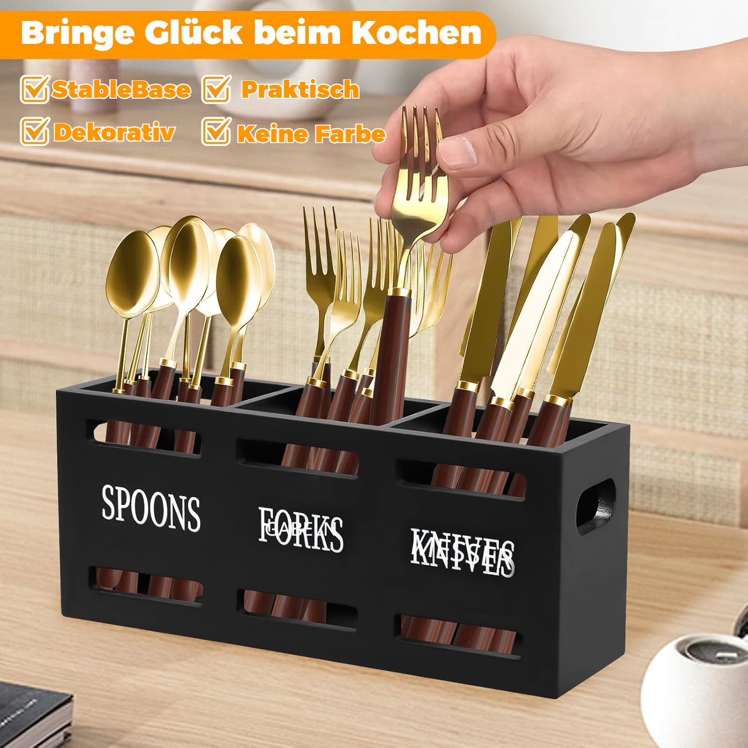 BlingBin Besteckhalter 3-fach Besteckorganizer aus Holz, großer Utensilienkorb, (1er Set, 1-tlg., 25 × 9 × 11 cm), für Messer, Gabeln, Löffel und Küchenwerkzeuge