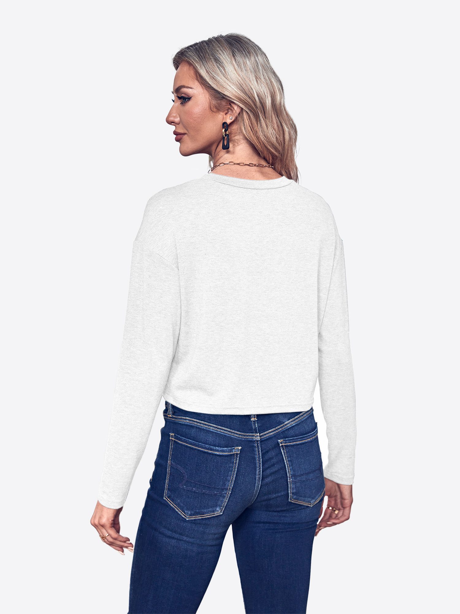 Imily Bela Langarmshirt Damen Cropped Rundhalsausschnitt Loose Fit Basic (Packung, 1-tlg., 1per-Pack) in Unifarbe – Bild 2 von 5