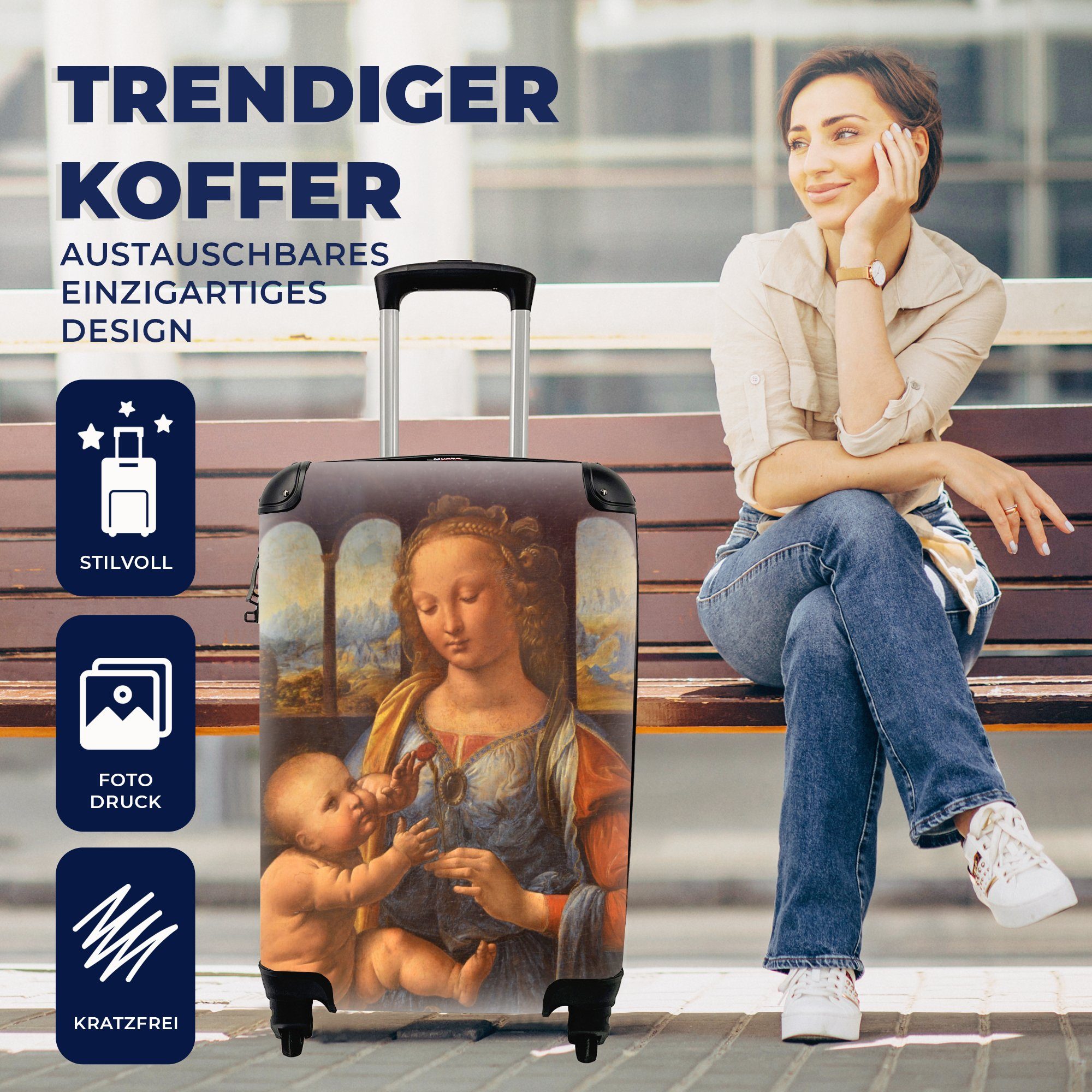 MuchoWow da Reisekoffer Reisetasche rollen, für Leonardo Nelke der Madonna Ferien, 4 - Rollen, Handgepäck Trolley, Vinci, Handgepäckkoffer mit mit