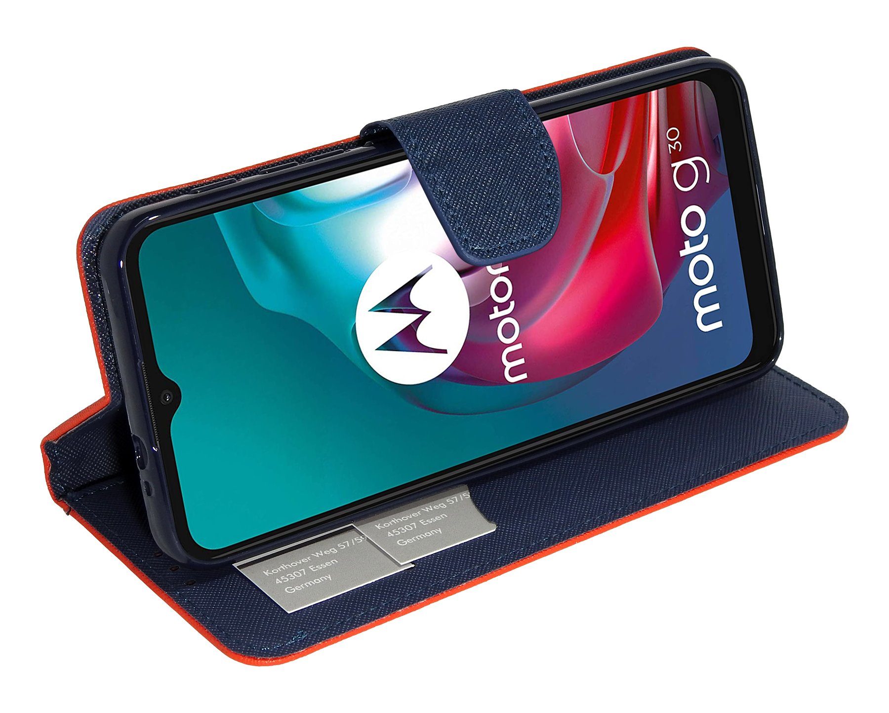 cofi1453 Handyhülle Buch Tasche "Fancy" für MOTOROLA MOTO G30 Rot-Blau 6,5 Zoll, Kunstleder Schutzhülle Handy Wallet Case Cover mit Kartenfächern, Stan