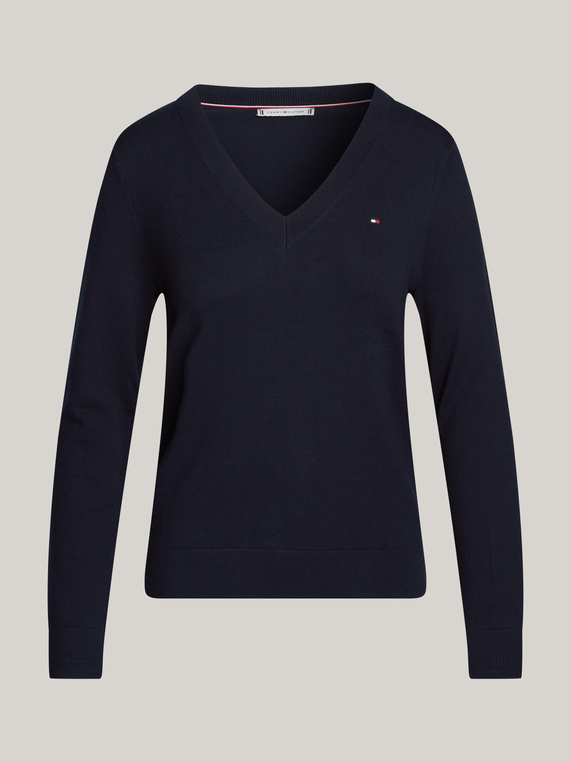 Tommy Hilfiger V-Ausschnitt-Pullover CO JERSEY STITCH V-NK SWEATER Kontrastfarbene Streifen im Ausschnitt und Logo Stickerei am Ärmel