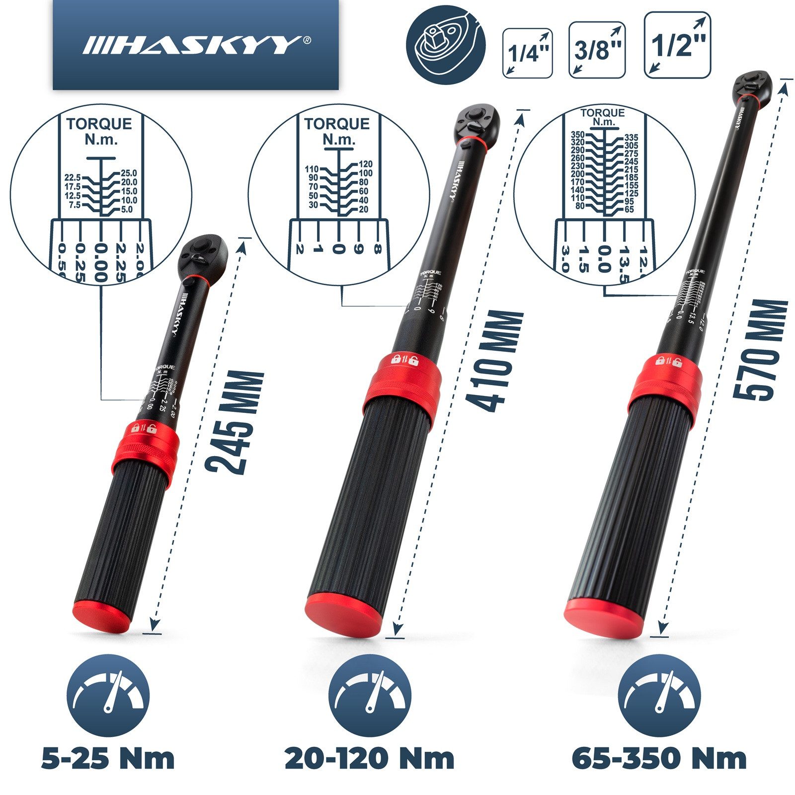 HASKYY Drehmomentschlüssel 3tlg Drehmomentschlüssel Set 1/4" 3/8" 1/2" 5-25Nm 20-120Nm 65-350Nm