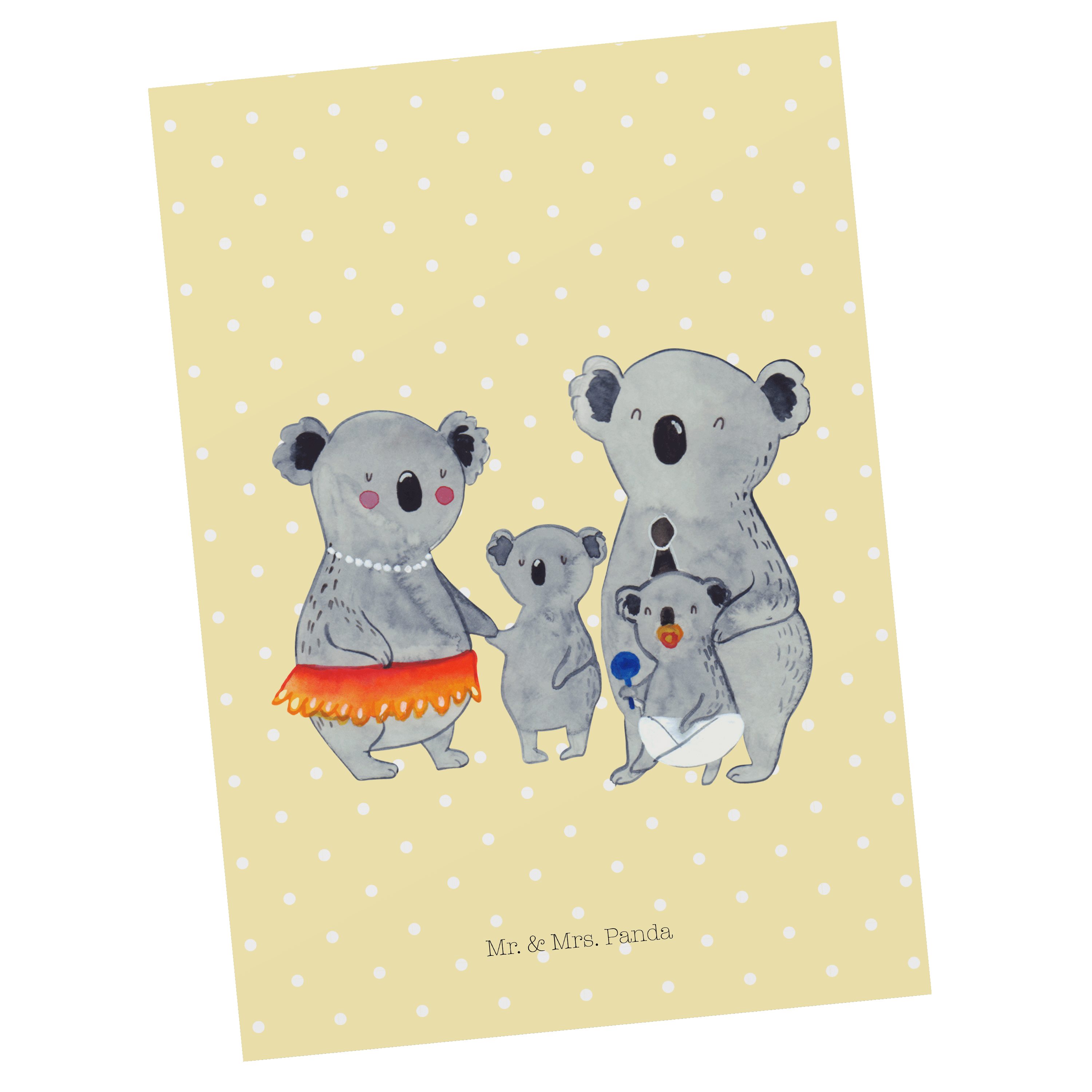 Mr. & Mrs. Panda Postkarte Koala Familie - Gelb Pastell - Geschenk, Grußkarte, Ansichtskarte, Ge