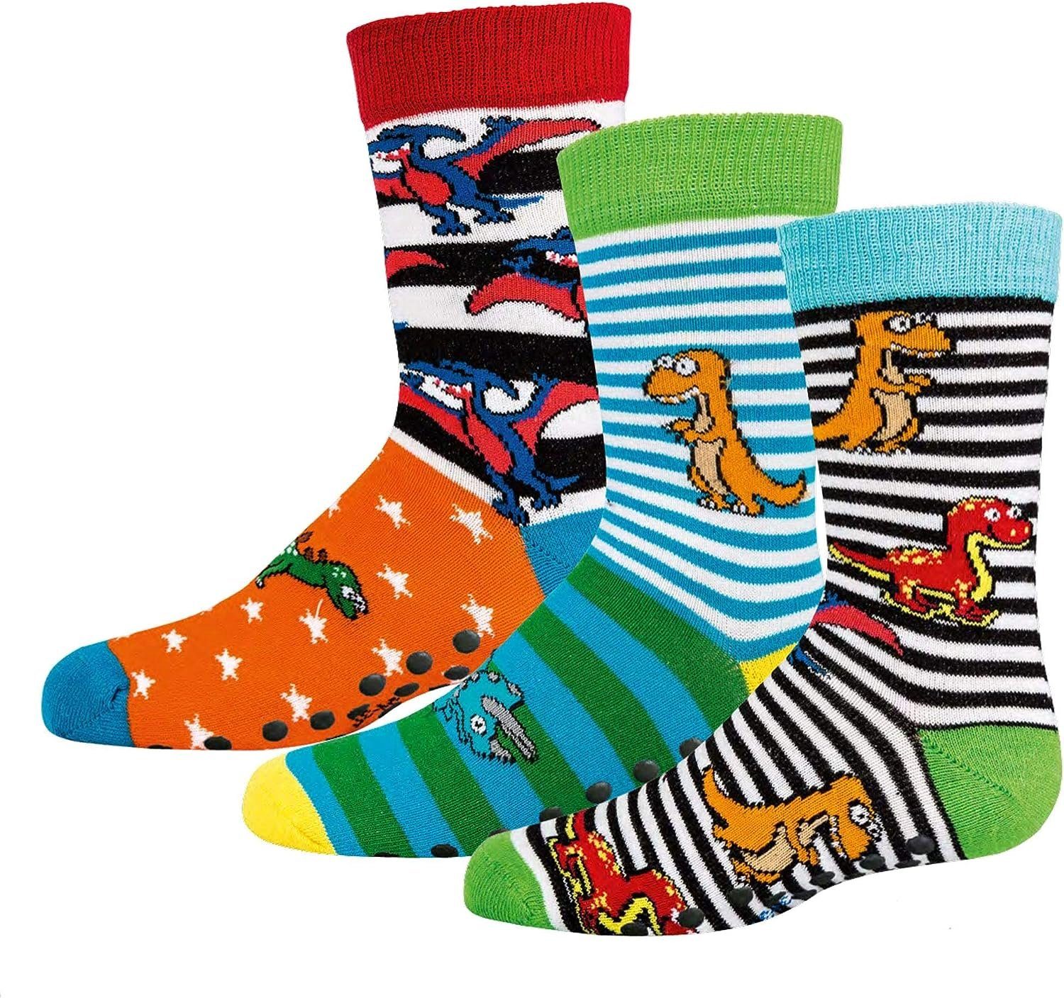Wowerat ABS-Socken 3 Paar Kinder Stoppersocken Dinos, Vollfrottee ABS Kindersöckchen