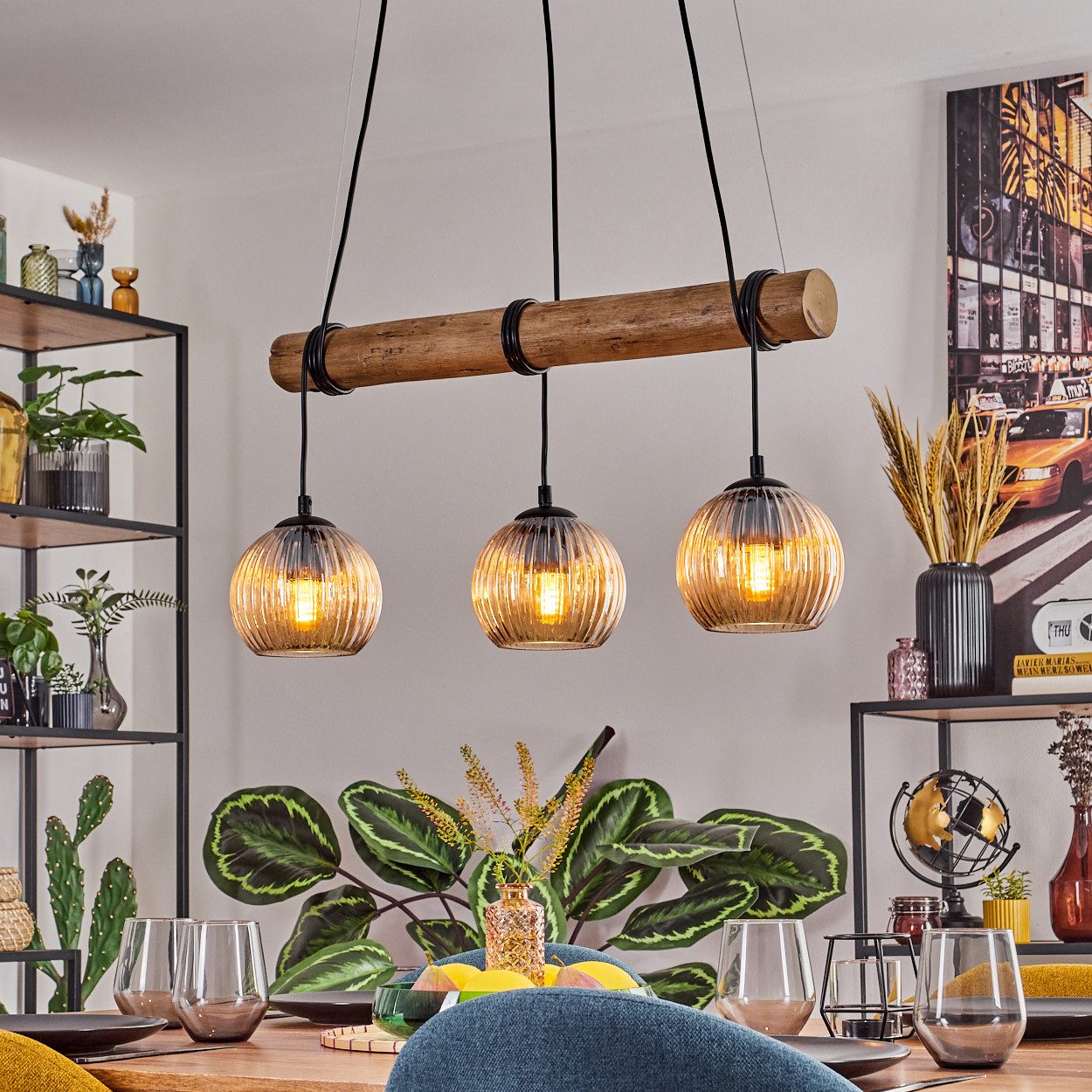 hofstein Pendelleuchte Hängelampe aus Metall/Holz/Riffelglas in günstig online kaufen