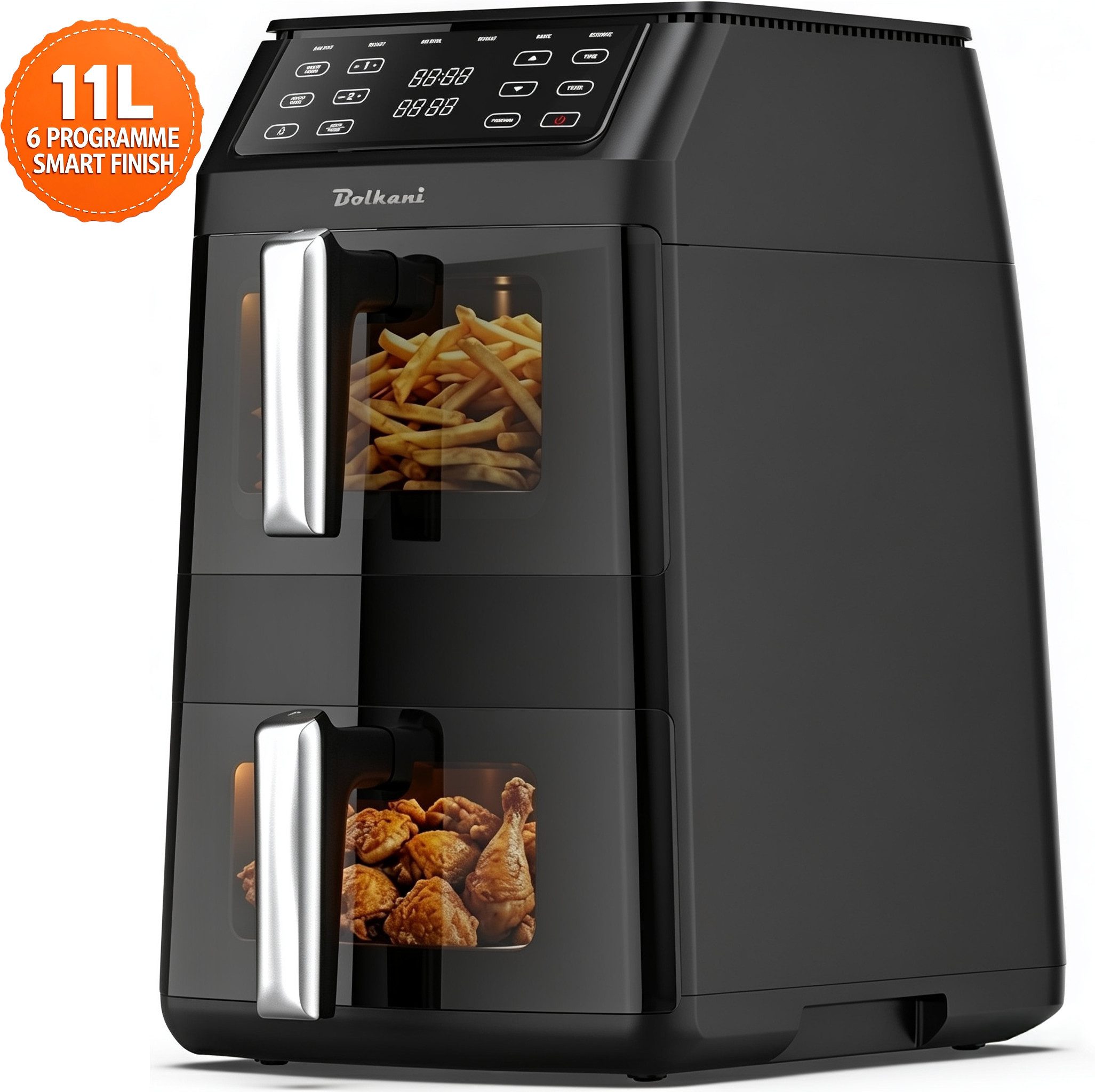 Bolkani Heißluftfritteuse AF1102T, 2500 W, Doppelkammer mit 11 L Volumen und Sichtfenster