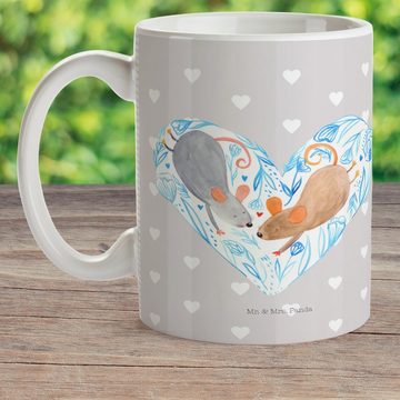 Mr. & Mrs. Panda Kinderbecher Mäuse Herz - Grau Pastell - Geschenk, Freund, Hochzeit, Heiratsantrag, Kunststoff, Mikrowellenbeständig