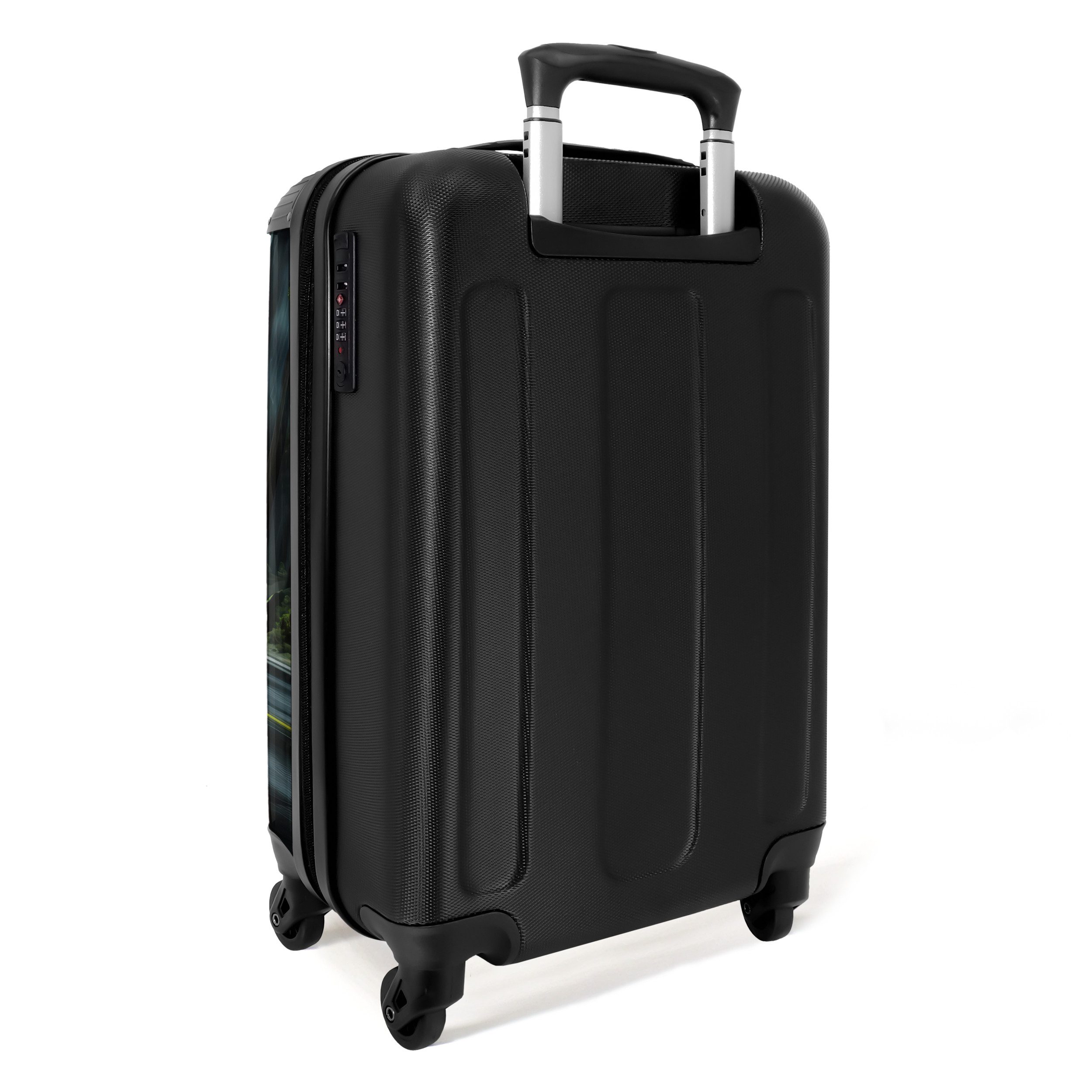 NoBoringSuitcases.com© Kinderkoffer T-Rex auf orangefarbenem Sportwagen im verregneten Wald 55x35x20cm, 4 Rollen, Handgepäck Koffer, Hartschalenkoffer Kinder, Reisekoffer Jungen