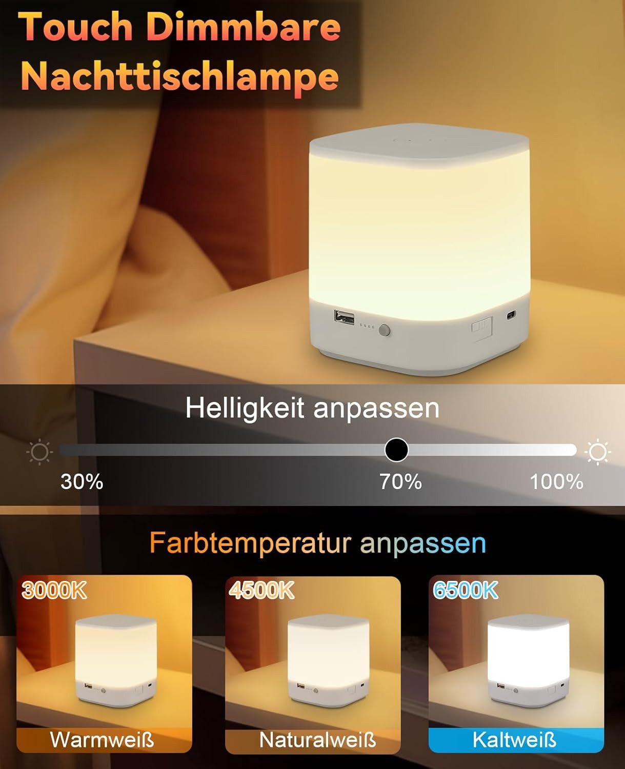 ZMH LED Tischleuchte Akku 1800mAH Touch Dimmbar Nachttischlampe Kabellos Schlafzimmer, LED fest integriert, 3000-6500K, USB Aufladbar mit 3 Farbtemperatur&Timin – Bild 4 von 5