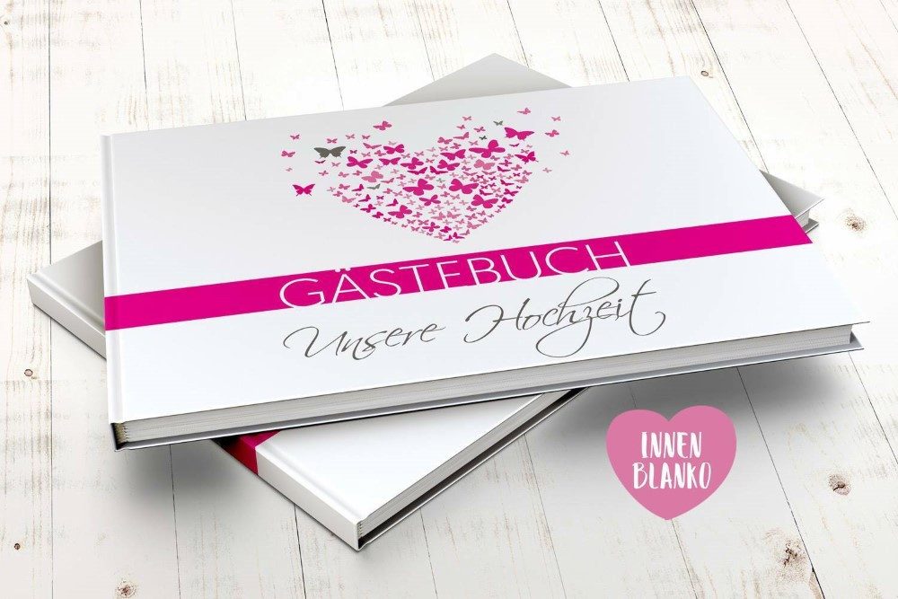 bigdaygraphix Notizbuch Gästebuch Hochzeit A4 quer Schmetterling Pink, Kreative Gestaltungsmöglichkeiten für unvergessliche Erinnerungen.