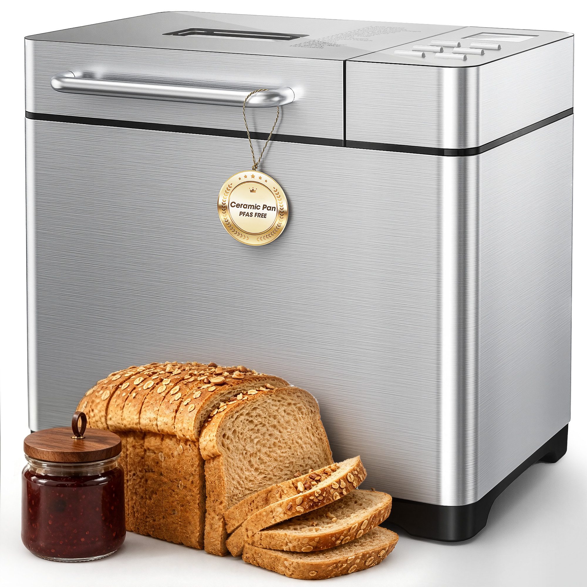 Furnicopia Brotbackautomat 19-in-1 Brotbackautomat, 1kg, Edelstahl, Timer, automatische Beigabe, 19 Programme, 710 W, 19 Programme, 3 Krustenfarben 3 GroBen,Keramik-Antihaft-Backform