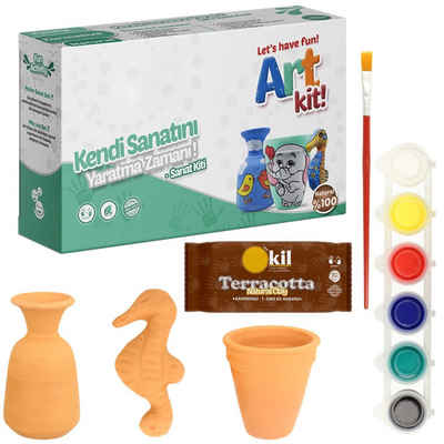 Minadax Lernspielzeug Minadax ART Set 250g Natur-Ton Töpferset 3x fertig Objekte + Farben