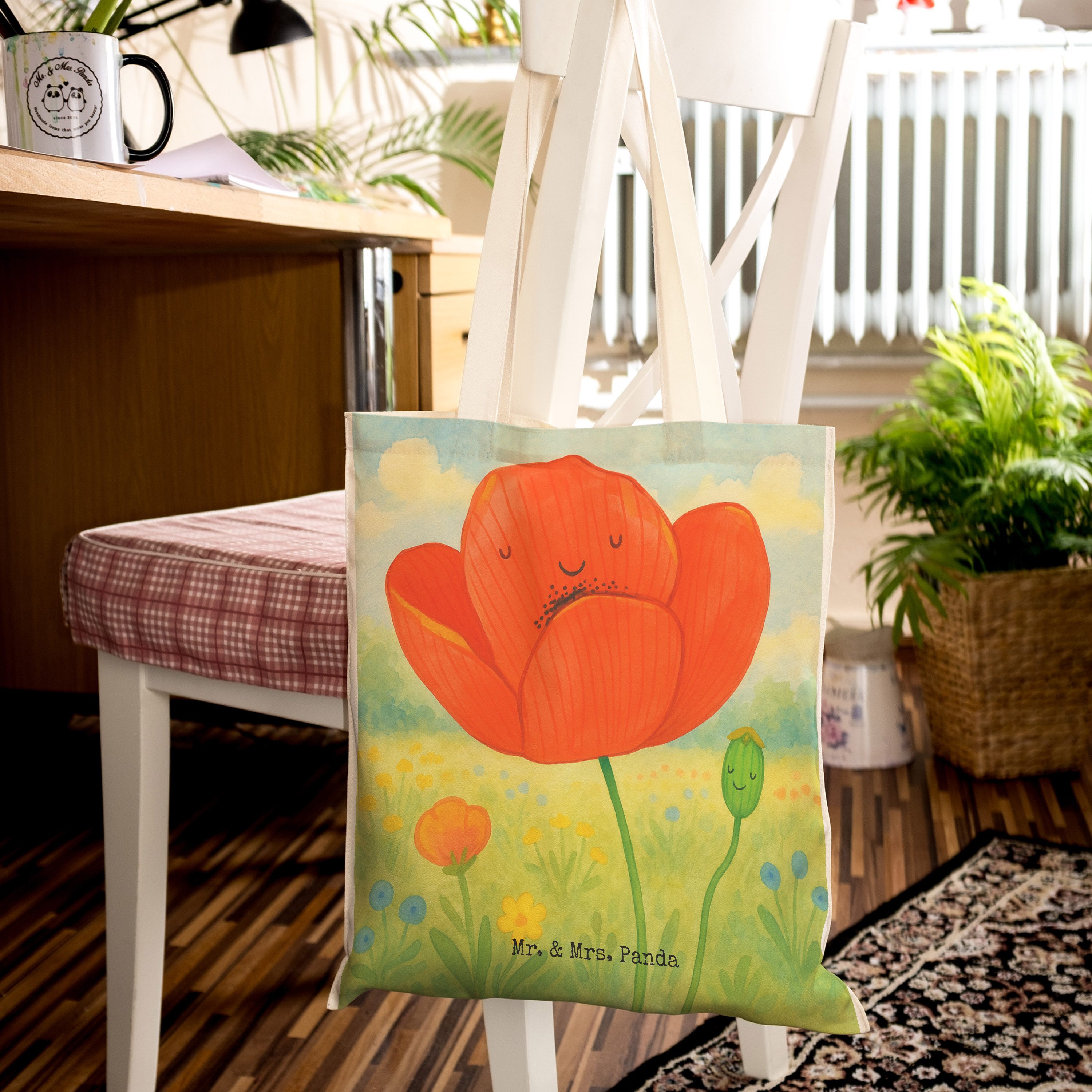 Mr. & Mrs. Panda Tragetasche Blume Mohnblume Design, Einkaufstaschen, Weiß, Stofftaschen, Stofftra (Packung, 1-tlg)