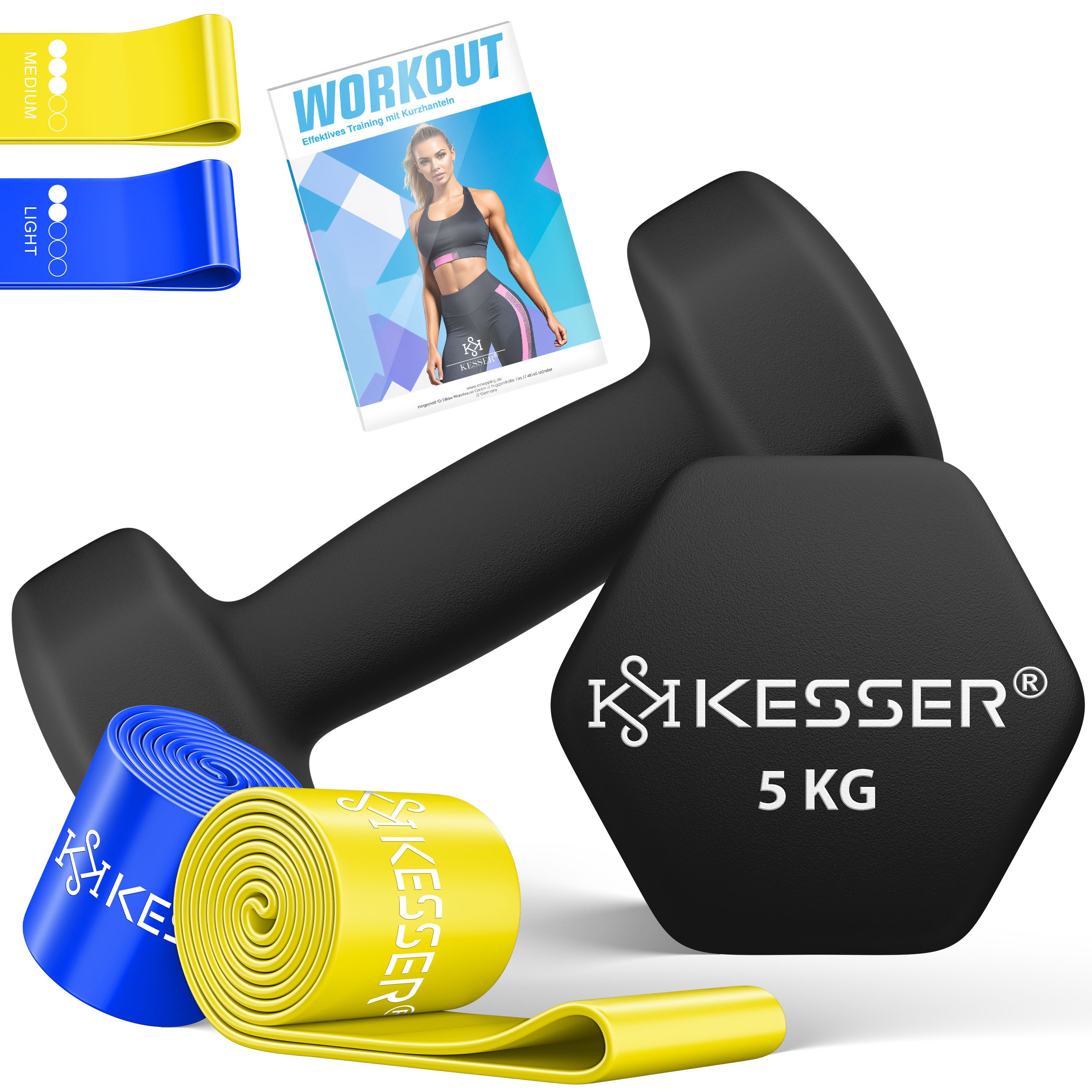 KESSER Hantel-Set, (2 x 5 kg), Kurzhantel Gymnastikhanteln 2er Set mit Übungsheft, 2x Fitnessbänder