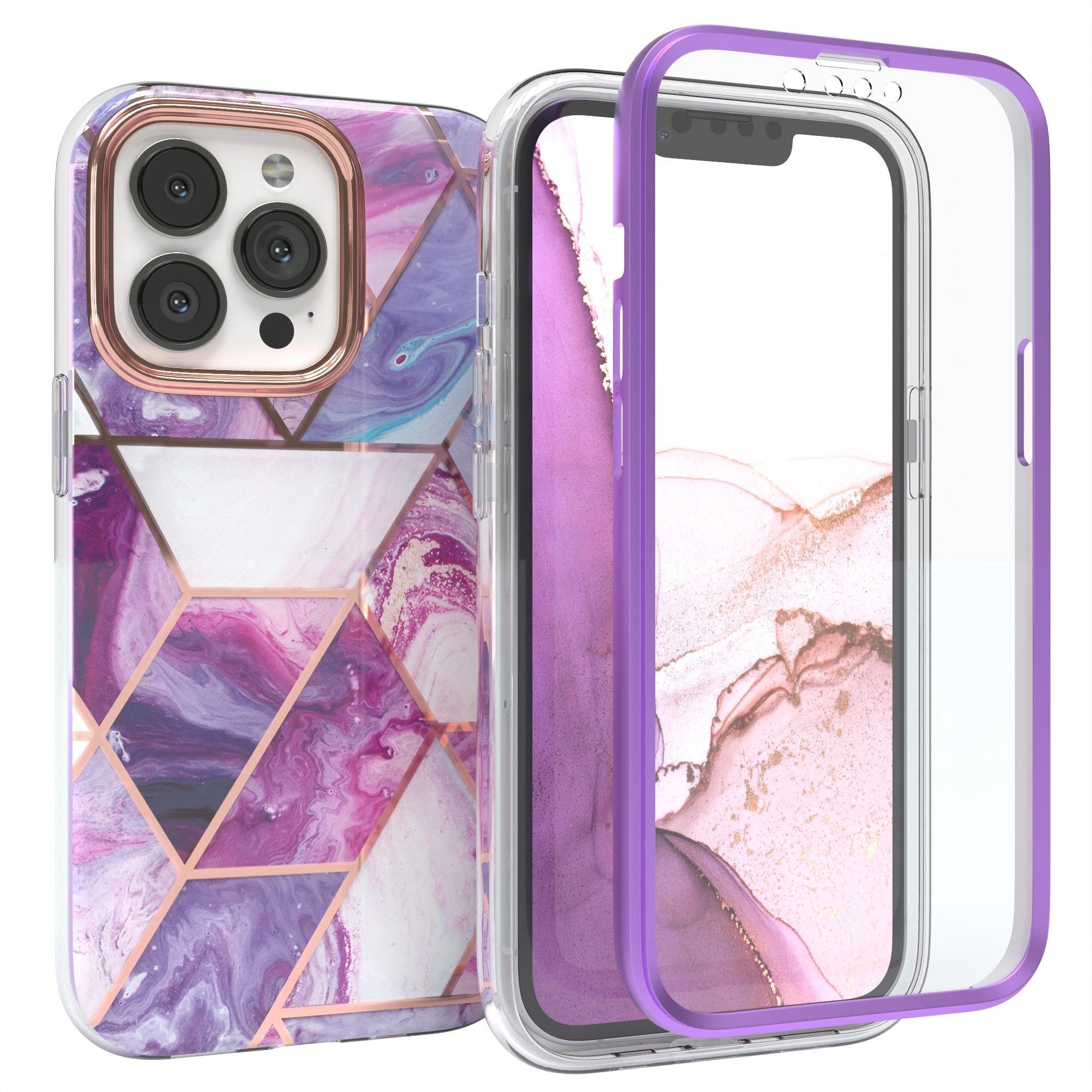 EAZY CASE Handyhülle IMD Fullcover Case für Apple iPhone 13 Pro 6,1 Zoll, Marmor Backcover Etui Rückseite kratzfest stoßfest 360 Grad Hülle Lila