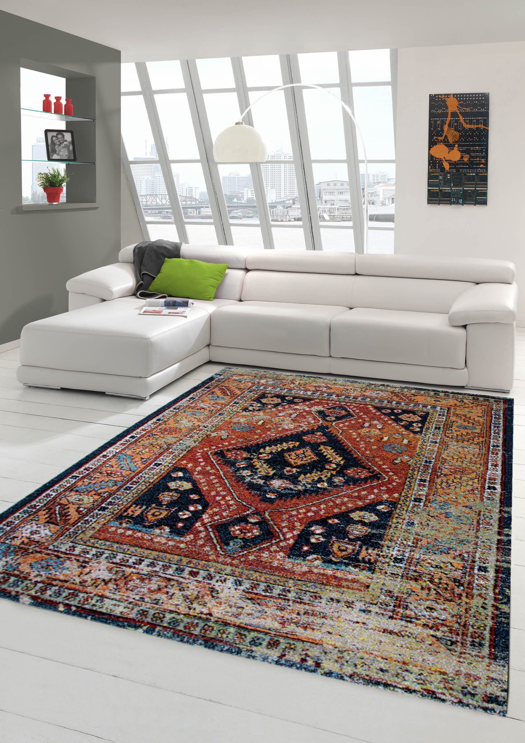 Teppich Moderner Orientteppich designed für Wohnzimmer in klassischem bunten orange türkis schwarz rot, Teppich-Traum, rechteckig, Höhe: 13 mm