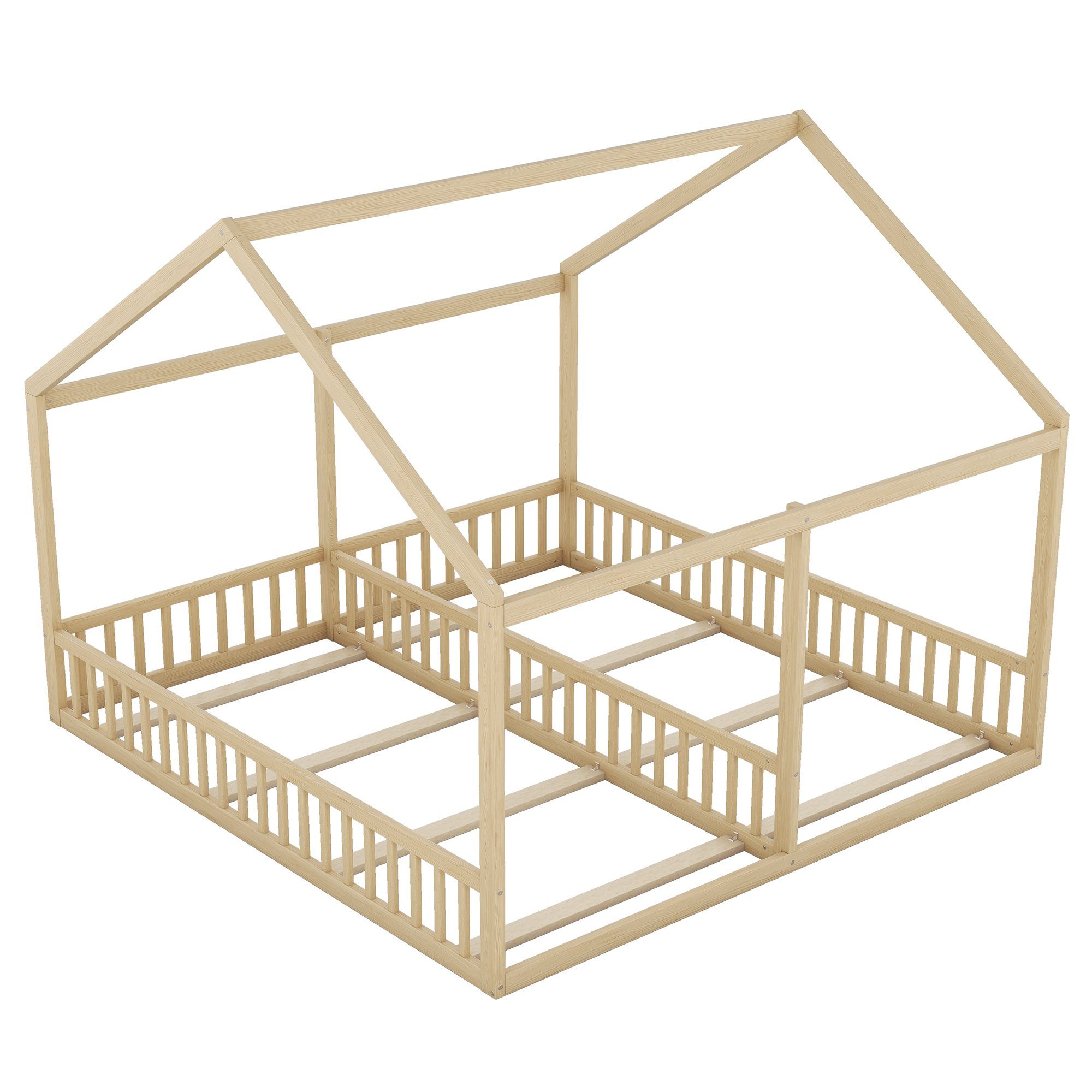 Kiefer Lattenrost mit aus Kinderbett Hausbett 2 Schlafgelegenheiten und Holzbett SOFTWEARY natur (90x200 cm),