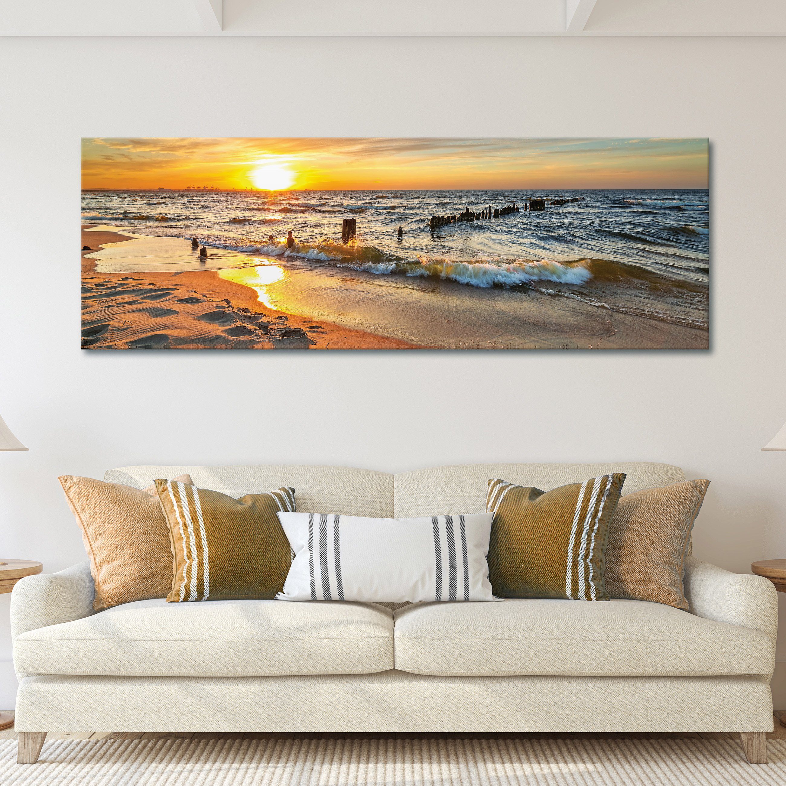 Groß Bild Meer XXL Modern 1 St), Bilder Natur 145x45 Leinwand Strand Landschaft Wallarena Leinwandbild Leinwandbilder Aufhängefertig cm, Wandbild (Einteilig, Leinwandbild