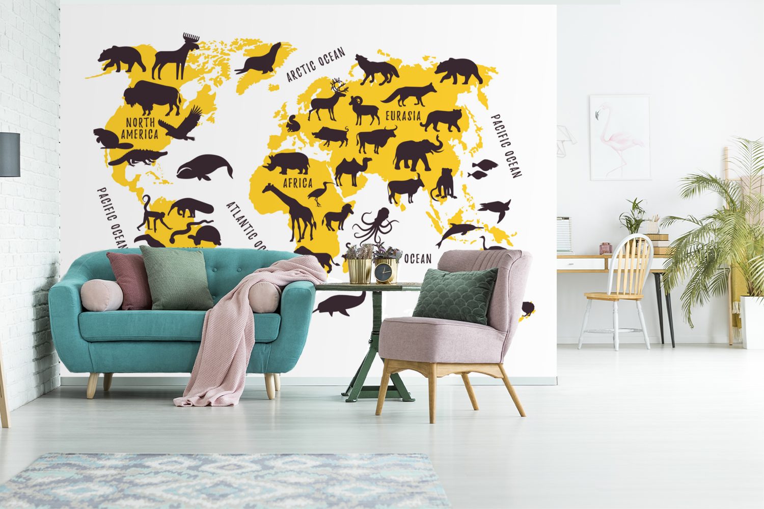 - - Fototapete Vinyl Wohnzimmer, St), (6 bedruckt, Gelb, Weltkarte Schlafzimmer, Tiere für Tapete MuchoWow Kinderzimmer, Matt, Wallpaper