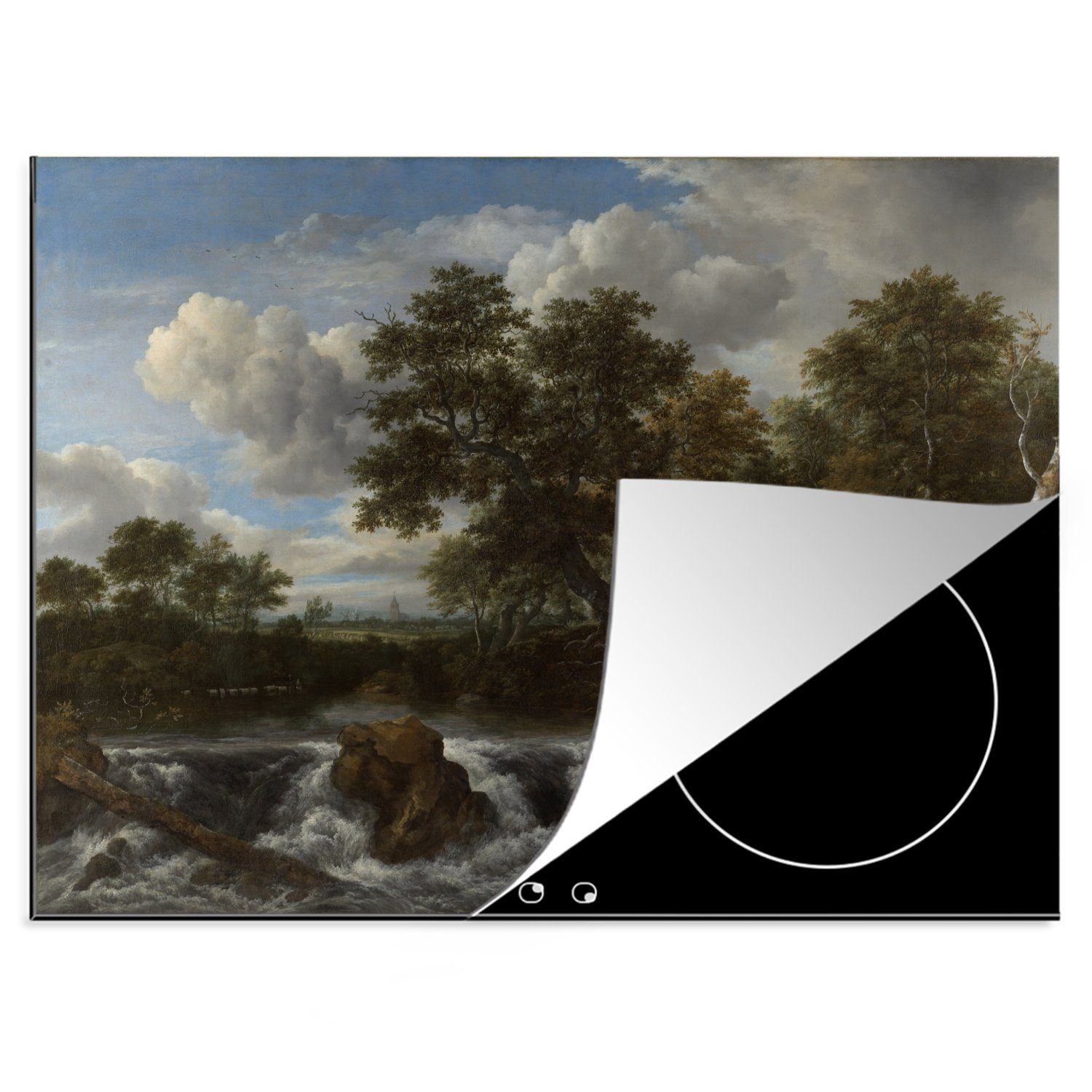MuchoWow Herdblende-/Abdeckplatte Landschaft mit Wasserfall - Gemälde von Jacob van Ruisdael, Vinyl, (1 tlg), 70x52 cm, Mobile Arbeitsfläche nutzbar, Ceranfeldabdeckung