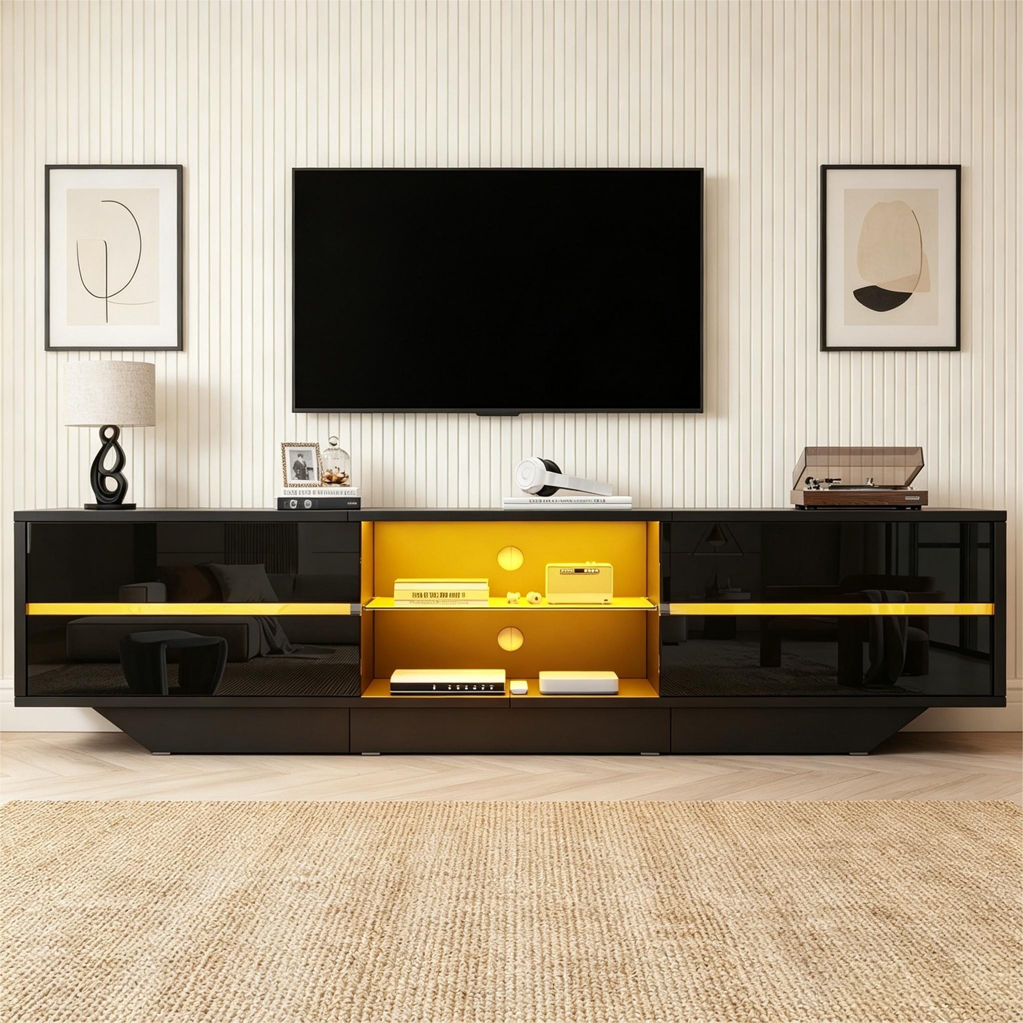 Celya TV-Schrank 160×35×44.5cm Standfernsehschrank, Lowboard Mit 2 Schranktüren (TV-Board, Fernsehtisch mit LED-Leuchten Geeignet für 65-Zoll-Fernseher)