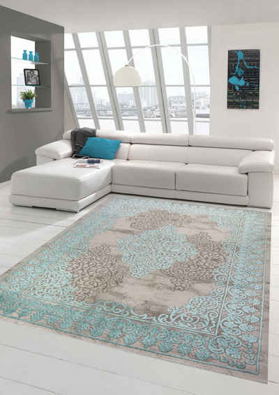 Teppich Wohnzimmerteppich mit Ornamenten Teppich Vintage in Türkis Grau, Teppich-Traum, rechteckig, Höhe: 10 mm