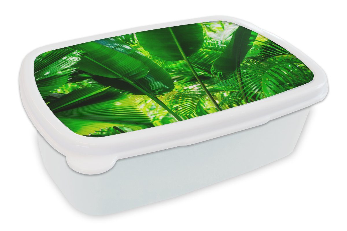 MuchoWow Lunchbox Tropische und im für (2-tlg), für Jungs weiß Erwachsene, Kinder und Brotdose, Kunststoff, Brotbox Blätter Fotodruck, Dschungel Mädchen