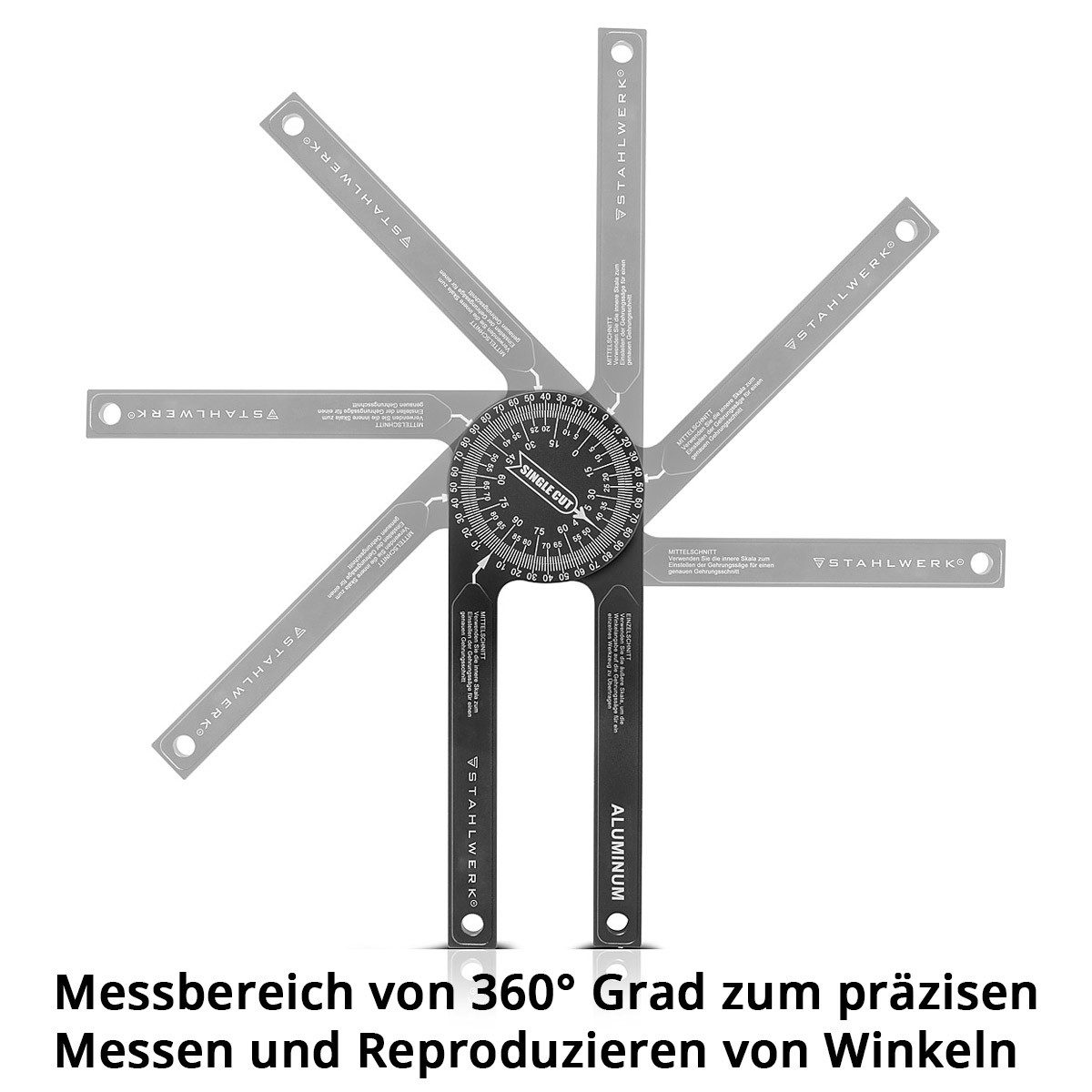 STAHLWERK Winkelmesser Winkelmesser 360° Grad Aluminium, L:22,5 cm, (Set, Einzelartikel), Messbereich von 360° Grad