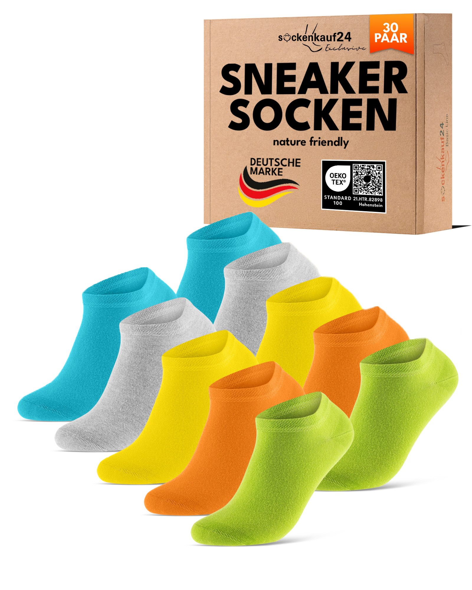 sockenkauf24 Sneakersocken Premium Sneaker Socken Herren & Damen mit Komfortbund ohne Gummidruck (30-Paar) atmungsaktive gekämmte Baumwolle, ohne Naht, Exclusive Line