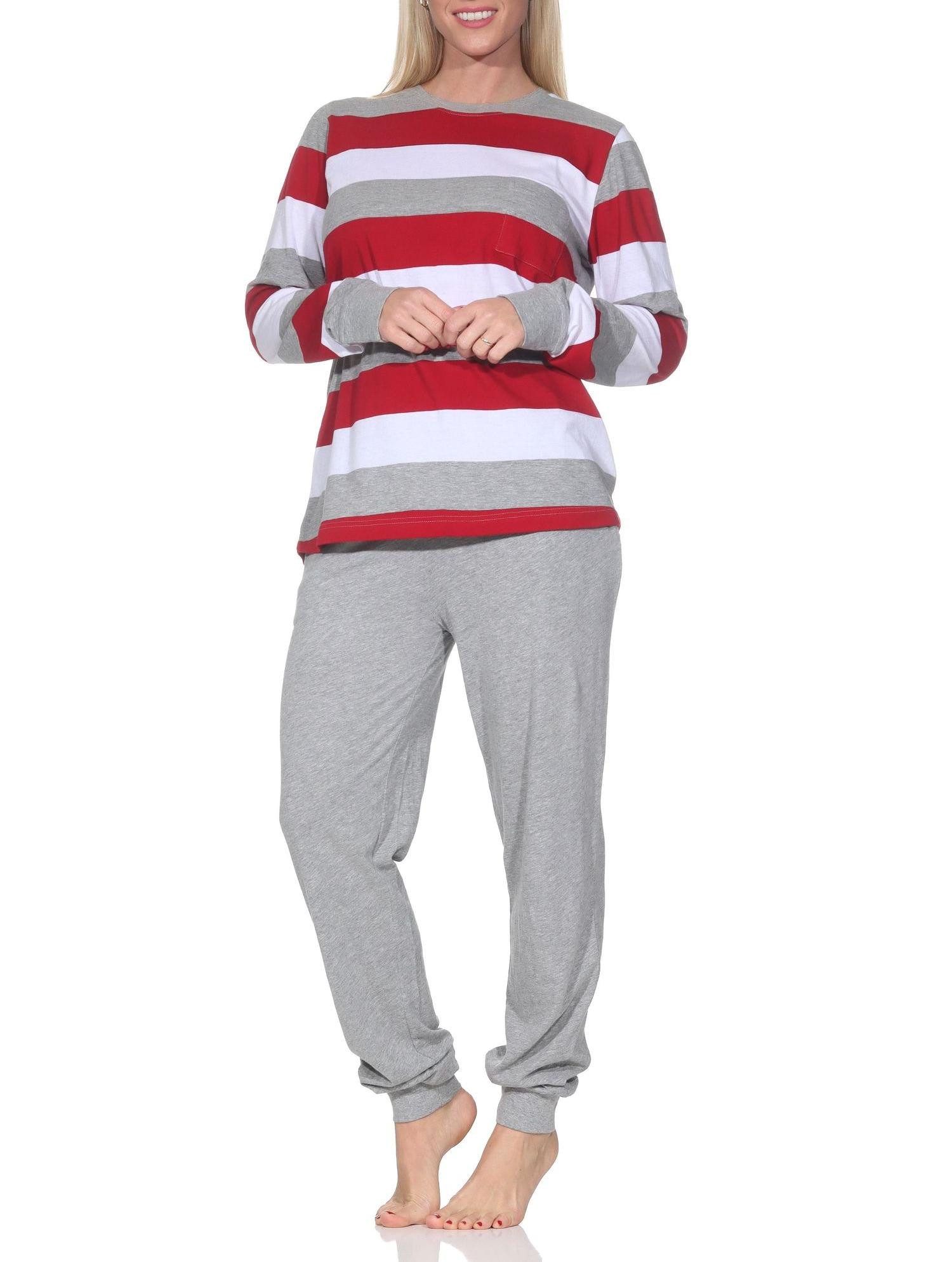 Normann Pyjama Normann Damen langarm Schlafanzug mit Bündchen in Blockstreifenoptik – Bild 3 von 5