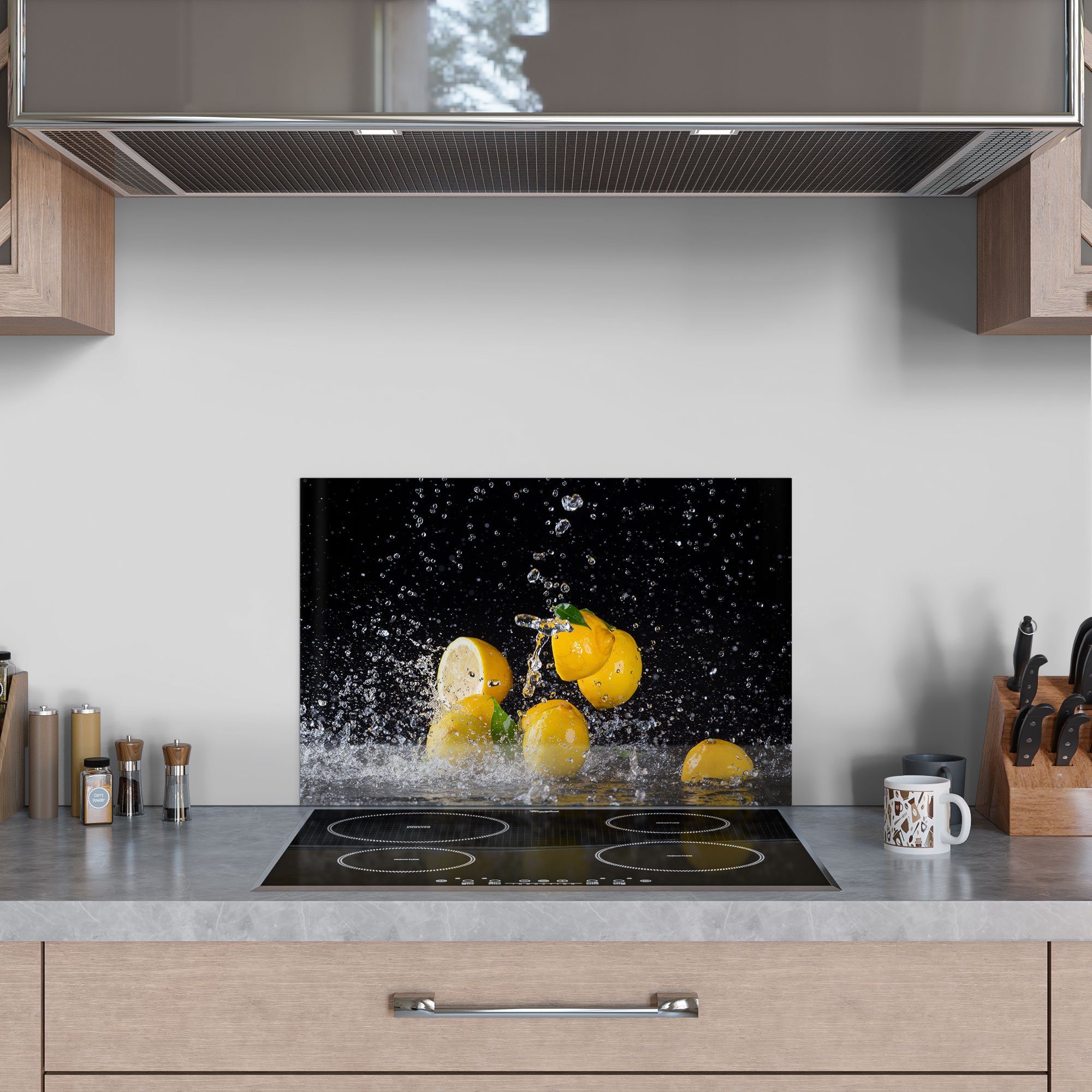 Herdblende Badrückwand und Wasserperlen', DEQORI Spritzschutz Küchenrückwand 'Zitronen Glas