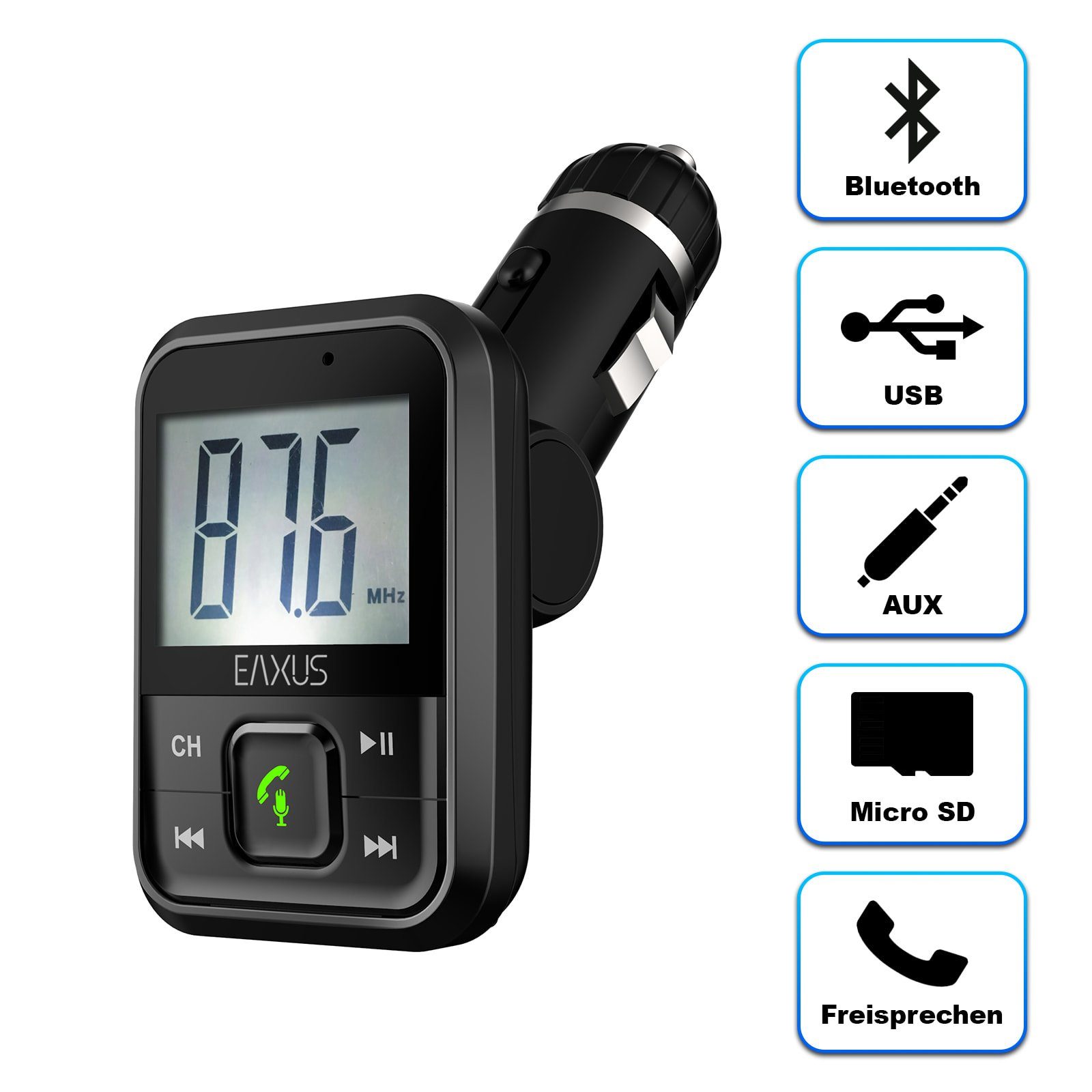 EAXUS Bluetooth FM-Transmitter für Wiedergabe Smartphone -> Autoradio, KFZ-Transmitter Bluetooth, USB-Sticks, 3,5-mm-Klinke, microSD, Mit Freisprechfunktion und USB-Anschluss zum Laden