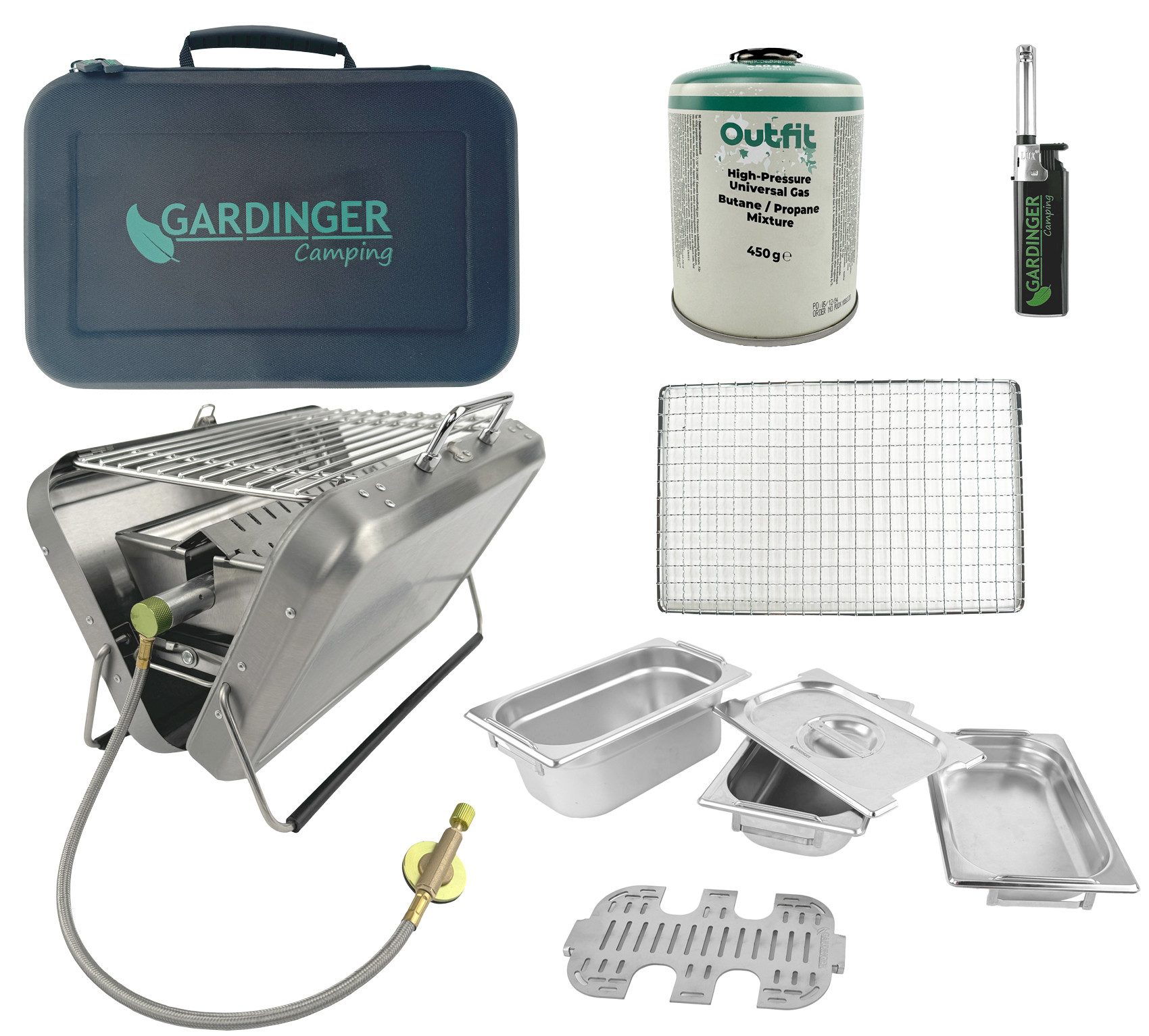 GARDINGER Gasgrill Gasgrill BBQ42 Kochset Veggierost Anzünder Tasche 450 g Gaskartusche, Packmaß (LxBxH) 310x200x70 mm