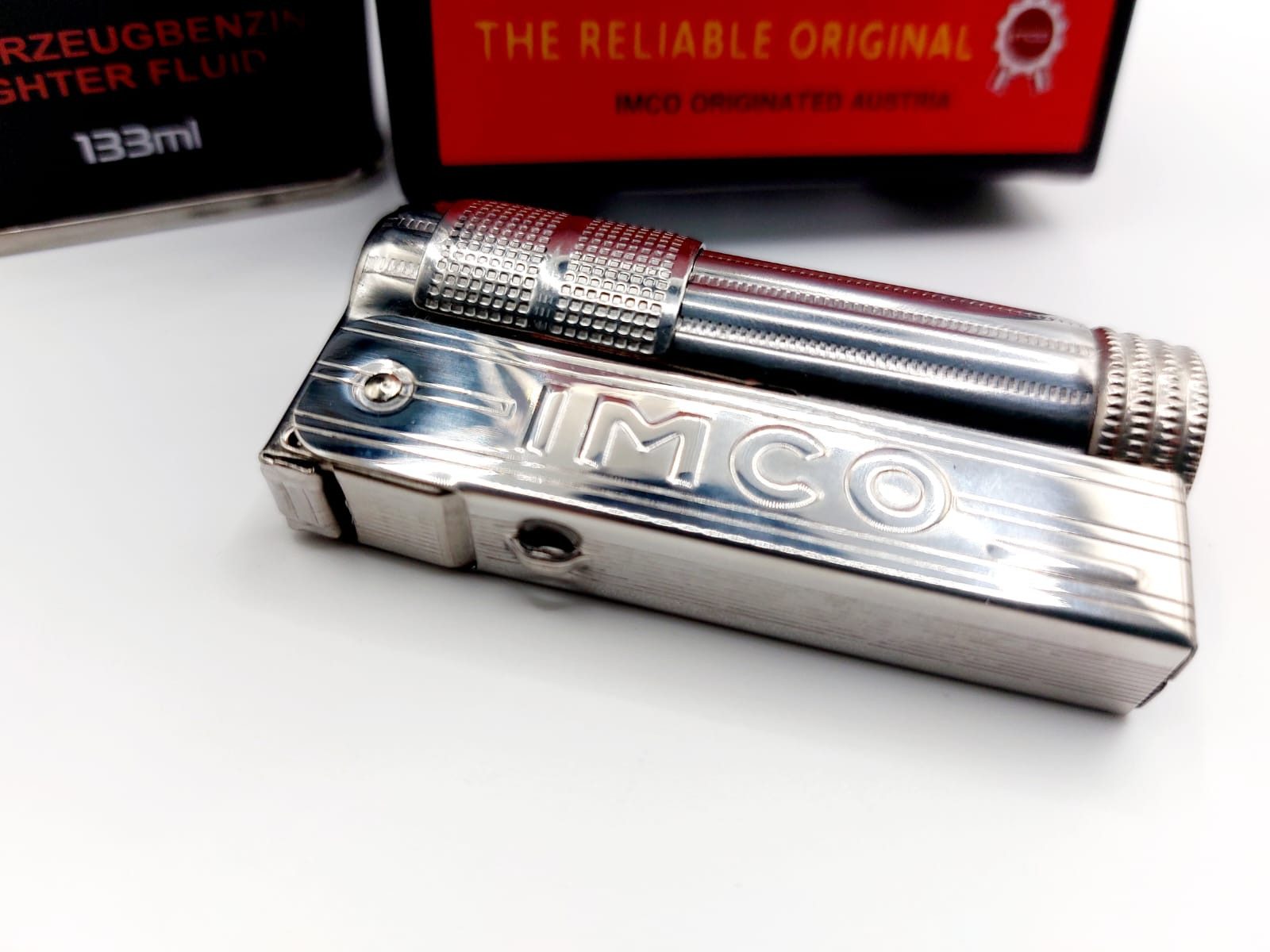 IMCO Feuerzeug Chrome Triplex Feuerzeug mit Logo neu ovp + 1 x Benzin