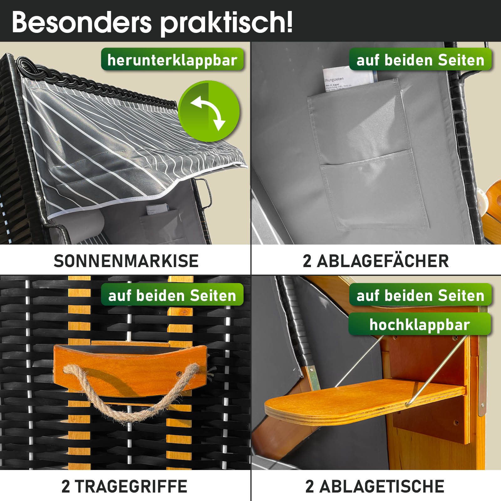 BRAST Strandkorb für 2 Personen, 120cm breit, 5 Designs, BxTxH: 120x79x150 cm, Volllieger, Rügen Deluxe, (verstellbare Rückenlehne weiches Fußkissen), inkl. wet – Bild 5 von 5
