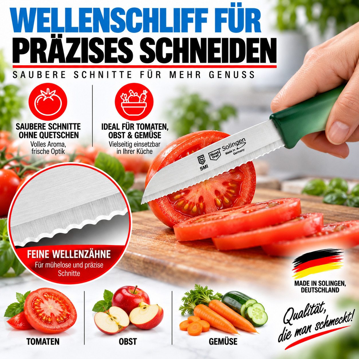 SMI Gemüsemesser 6-tlg Gemüsemesser Set Solingen Schälmesser Obstmesser Küchenmesser, Klinge mit Wellenschliff – Bild 4 von 5