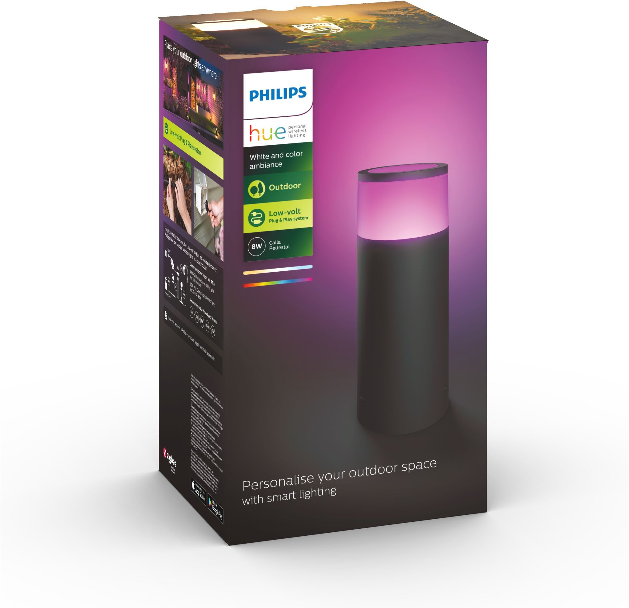 Philips Hue LED Sockelleuchte Outdoor White & Color Ambiance Calla Erweiterung klein Niedervolt, Abschaltautomatik, Bluetooth, CCT - über Fernbedienung, Dimmfunktion, Einschlafhilfe, Farbsteuerung, Farbwechsel, Memory, nach Trennung vom Netz, Nachtlichtfunktion, RGB, Smart Home, Timerfunktion, Weckerfunktion, dimmbar über Fernbedienung, erweiterbar, mehrere Helligkeitsstufen, LED fest integriert, Farbwechsler, RGB, warmweiß - kaltweiß, App- & Sprachsteuerung, Smart Home, Farbe & Weiß, Niedervolt-System