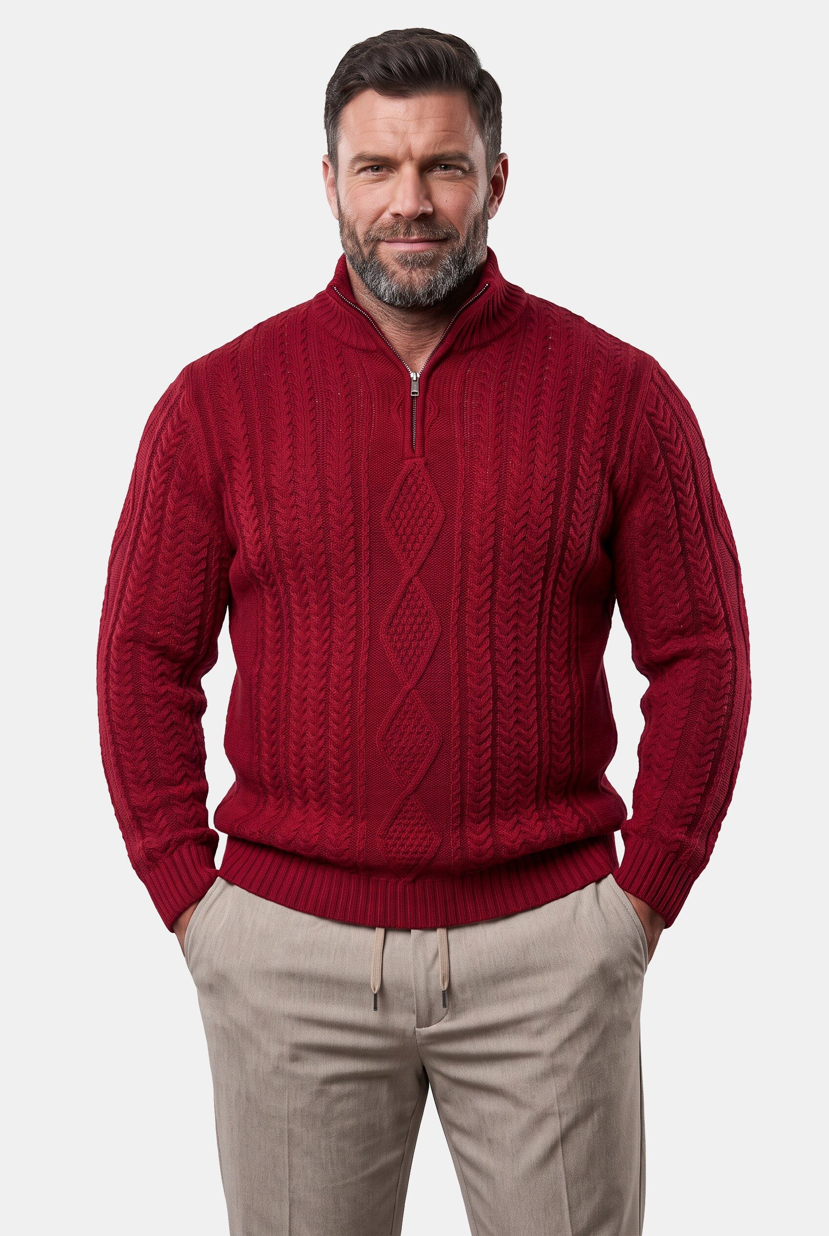 Men Plus Rundhalspullover Men+ Troyer Zopfmuster Stehkragen mit Zipper