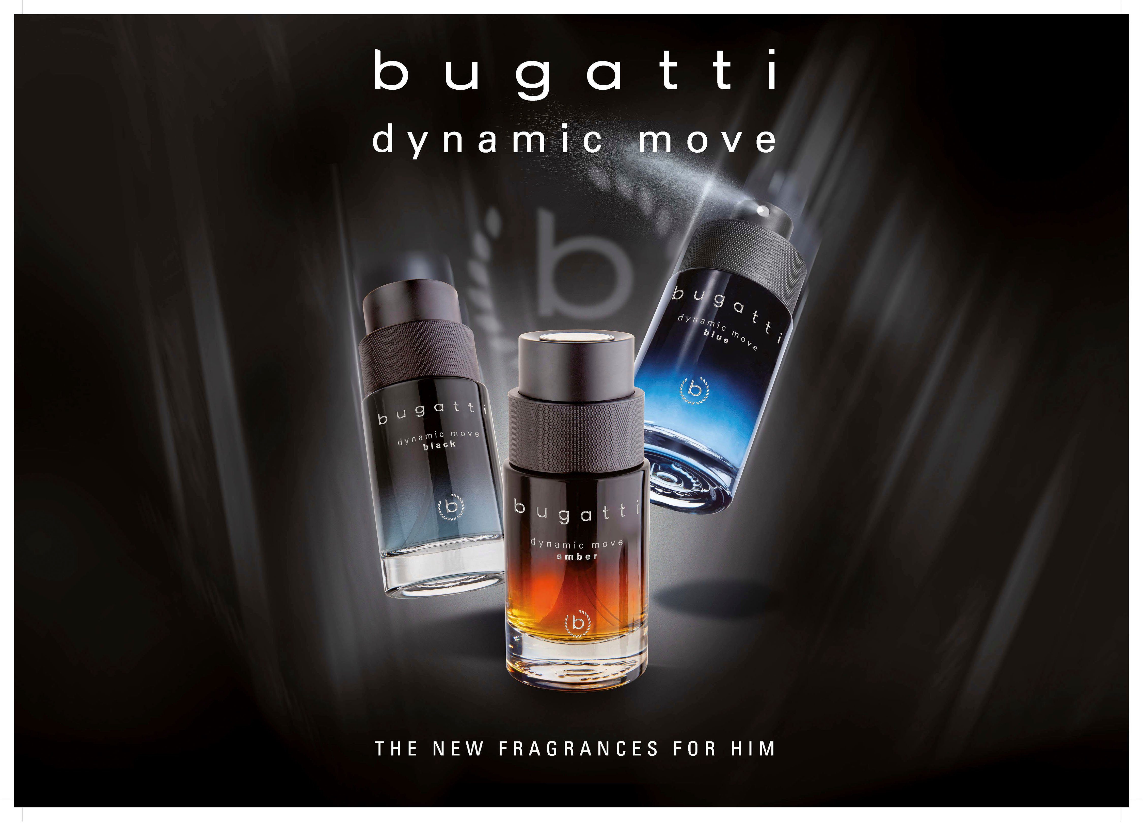 bugatti Eau de Toilette Dynamic Move Blue EdT 100ml, Zitrischer Herrenduft mit Muskatnuss, aquatischer Note und Amber.