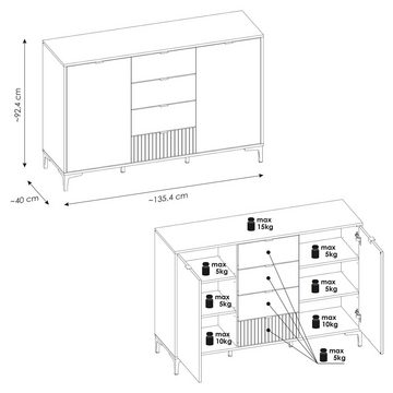 Lomadox Kommode RISBY-129, Eiche mit weiß und Lamellenoptik 135 cm breit moderne Kommode