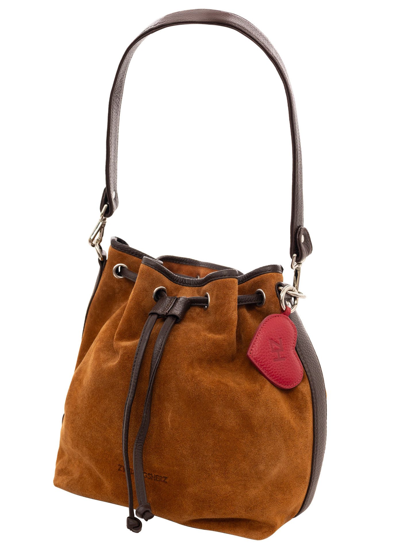 Zwillingsherz Beuteltasche "Suede Drawstring Bag", Beuteldesign, Kordelzug-Verschluss, softes Wildleder, Herz-Anhänger