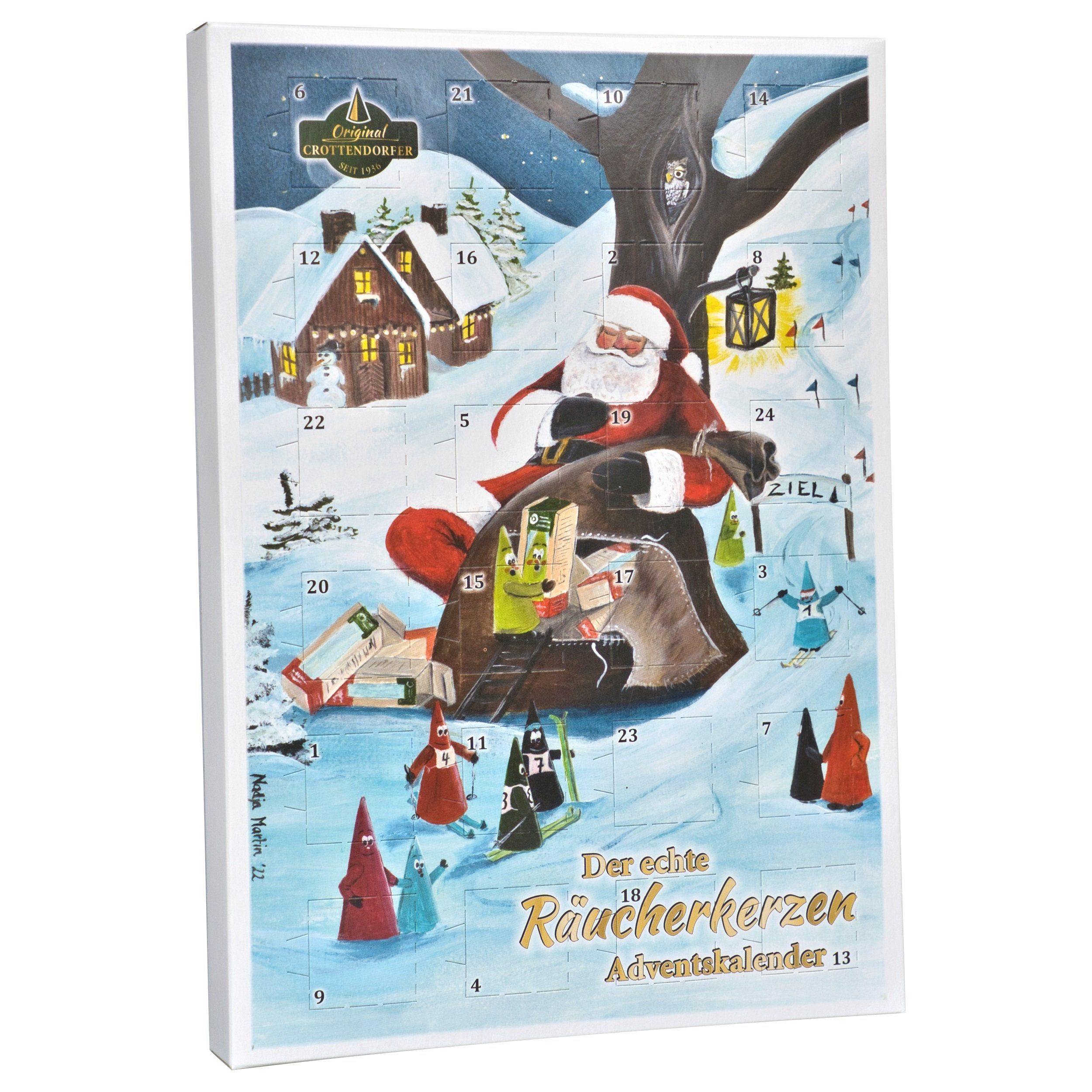 Crottendorfer Adventskalender 2096 22, Adventskalender Ziegenbein Ski Abenteuer, 24 Räucherkerzen inklusive - Made in Germany