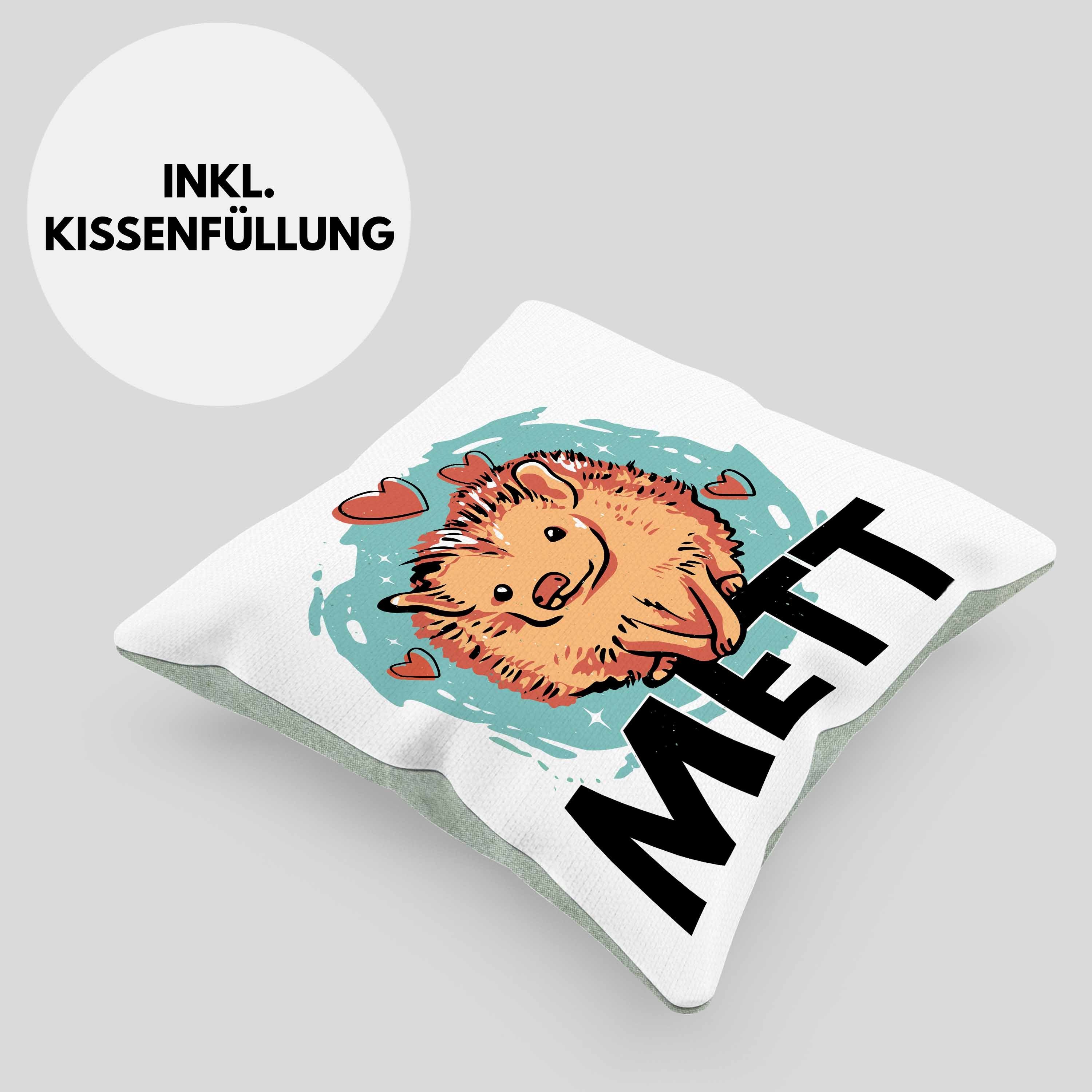 Dekokissen Dekokissen Kissen Geschenkidee Mettbrötchen Trendation Igel Metzger 40x40 - Füllung Trendation Mett Mettigel mit Grün Spruch Fleischer