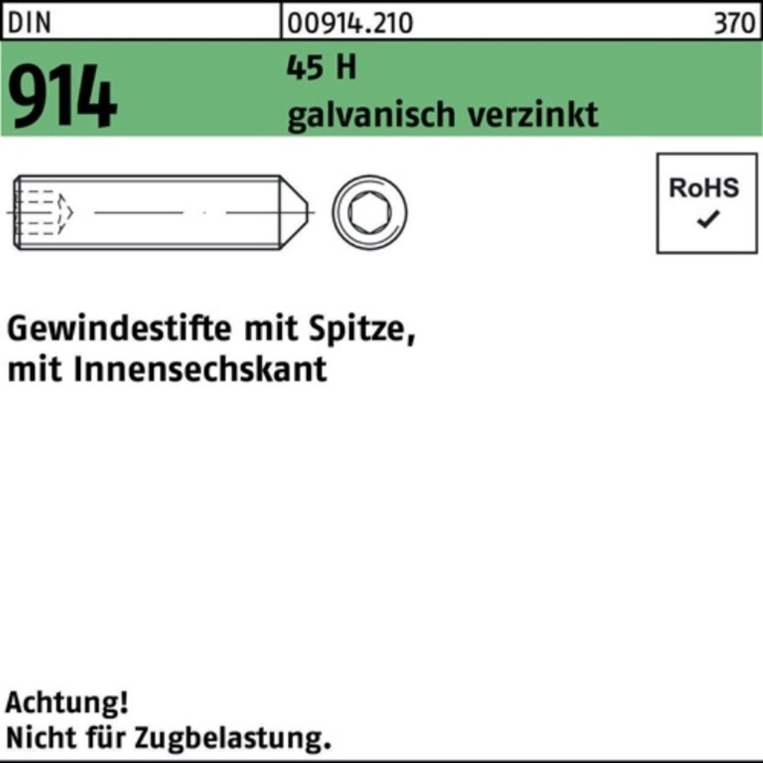 914 H Gewindebolzen 45 100er Spitze/Innen-6kt Reyher Pack DIN M16x90 Gewindestift galv.verz