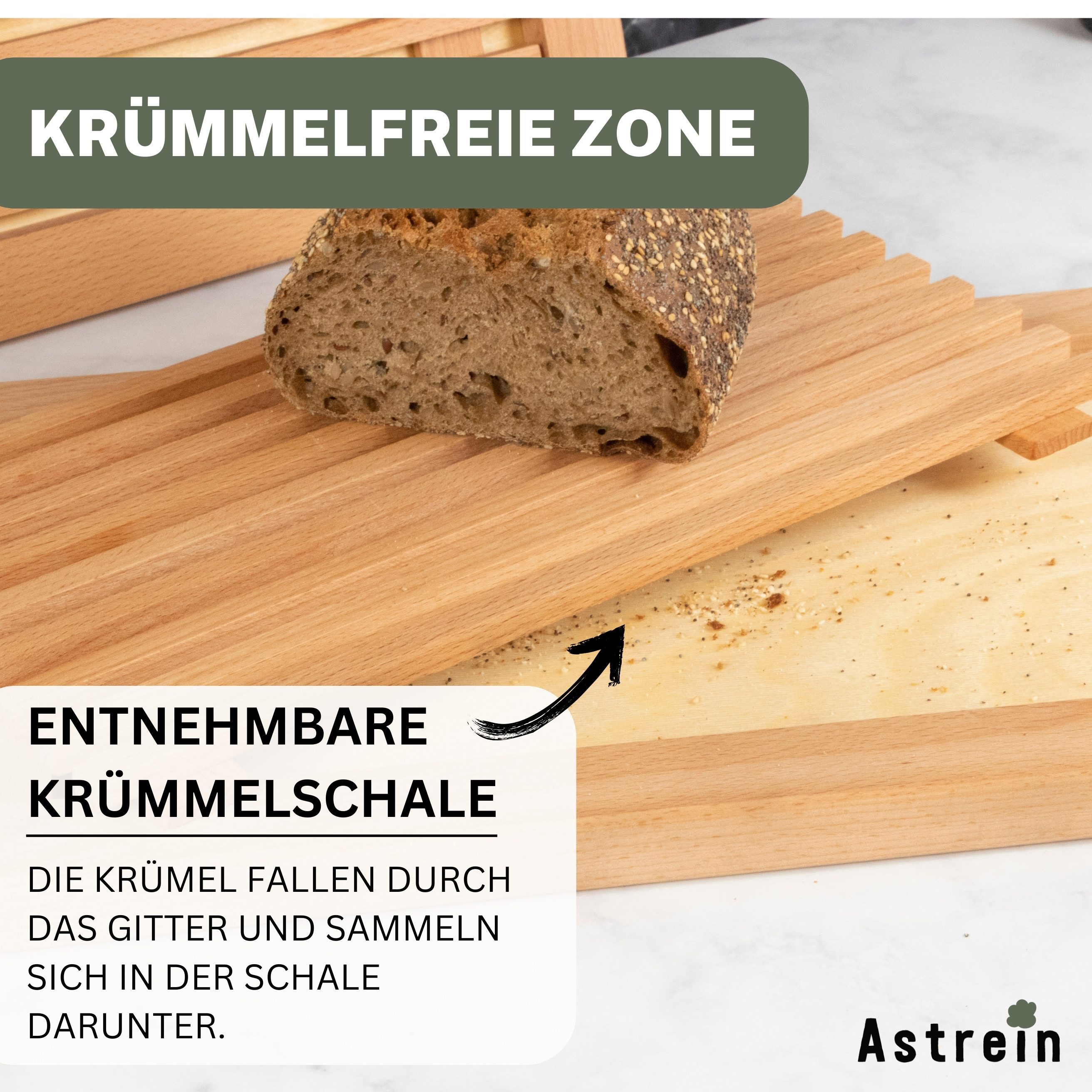 Astrein Brotschneidebrett Brotschneidebrett mit Krümelrost aus massivem BUCHENHOLZ, Buche