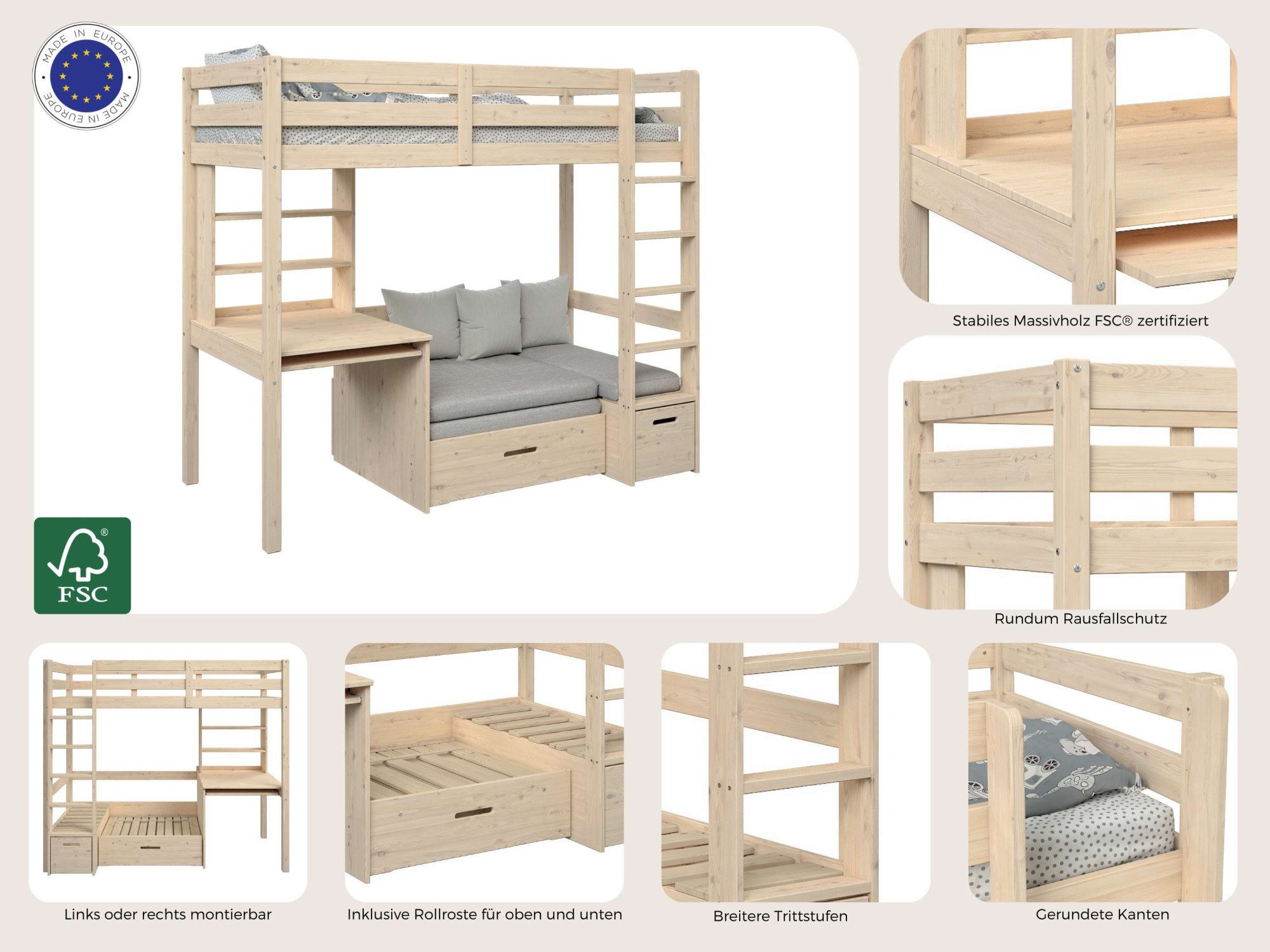 OTTO home Etagenbett HENNE' TOPSELLER! Hochbett, Ideal für kleine Räume, 2 Schlafplätze (zweiter Schlafplatz ausziehbar, B/H/T ca. 208/180/105cm), mit Polsterauflagen, Schreibtisch, Stauraum, seitenverkehrt montierbar